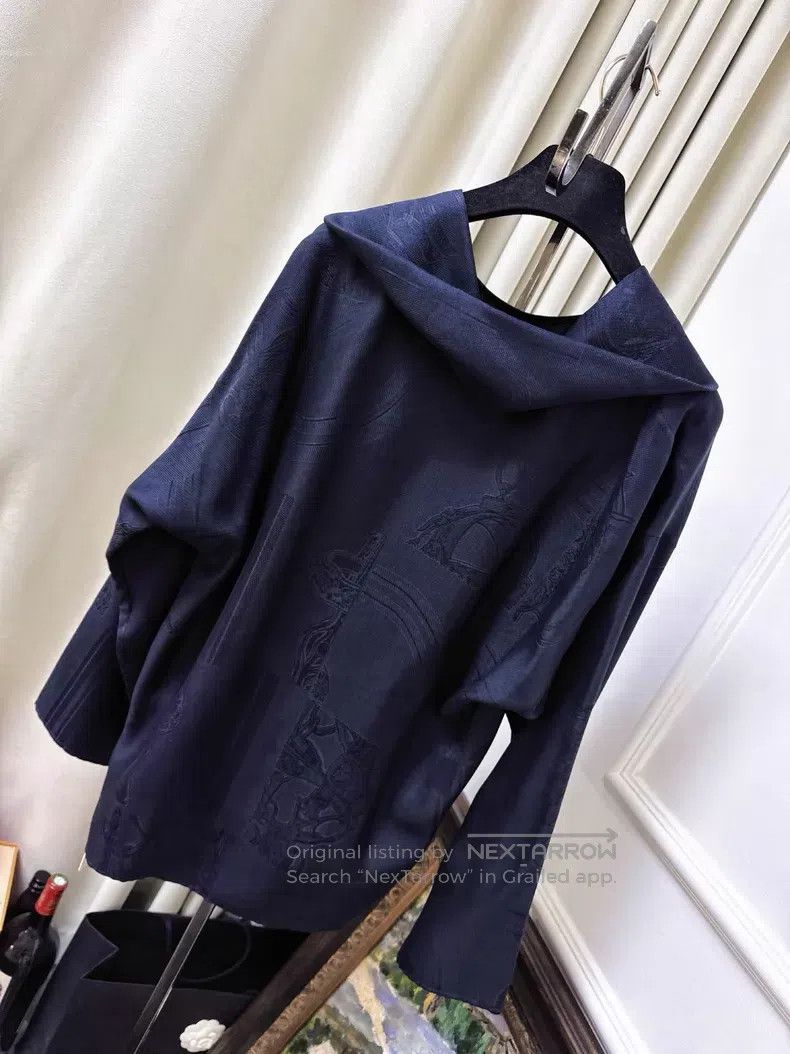 Hermes Hermes Dark Blue Silk Jacquard Long Sleeve Shirt Top Size XS / US 0-2 / IT 36-38 - 2 Thumbnail