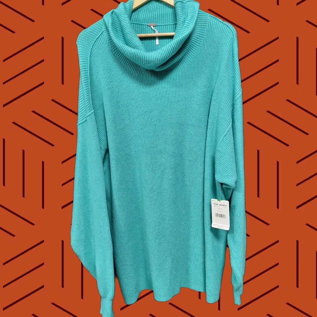 Free People Free People Knit Cowl Neck Sweater Solid Turquoise Long Sleeve Women Size S Size S / US 4 / IT 40 - 1 Thumbnail