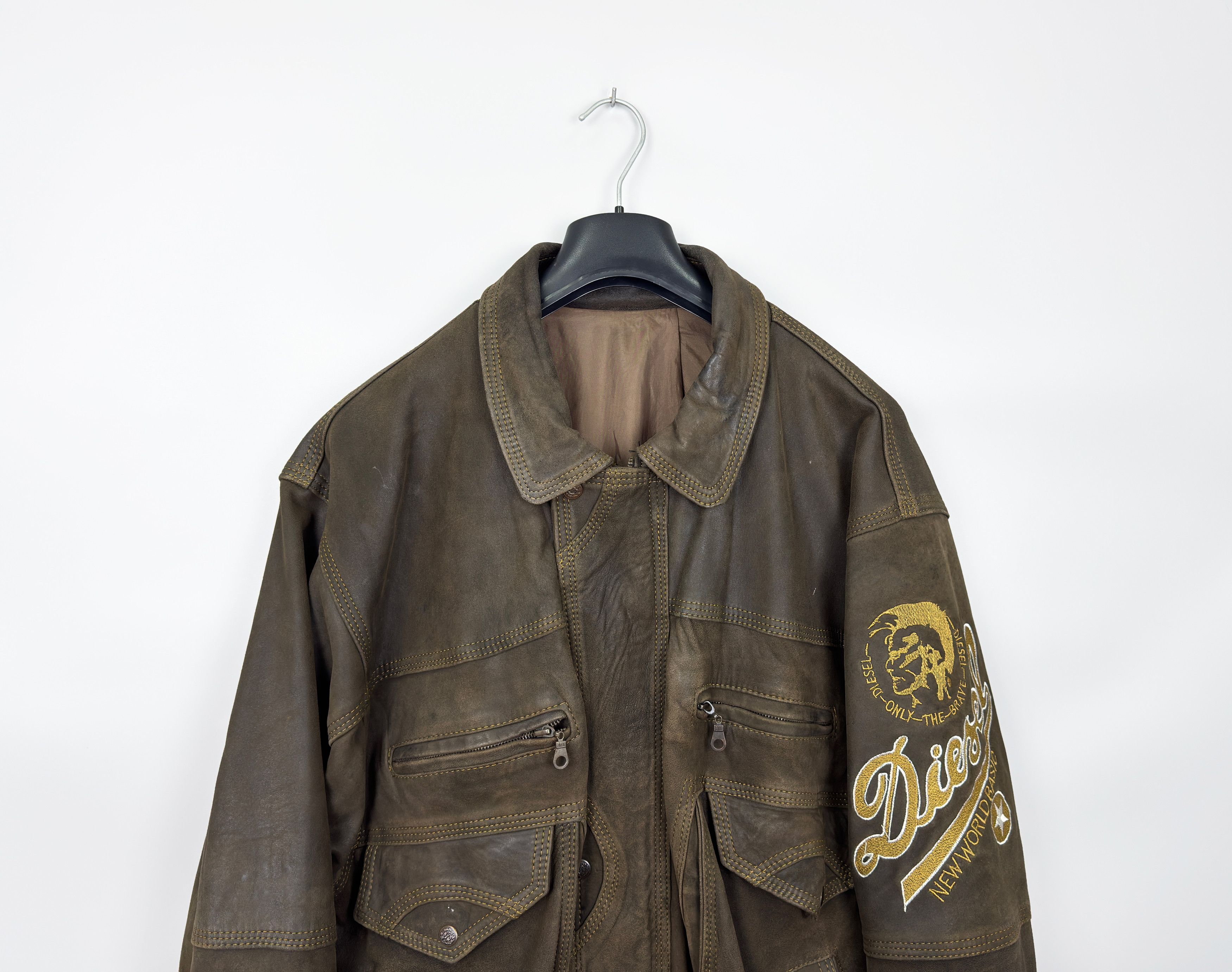 Diesel Vintage Diesel Brown Embroidered Logo Leather Jacket Size US XXL / EU 58 / 5 - 7 Thumbnail