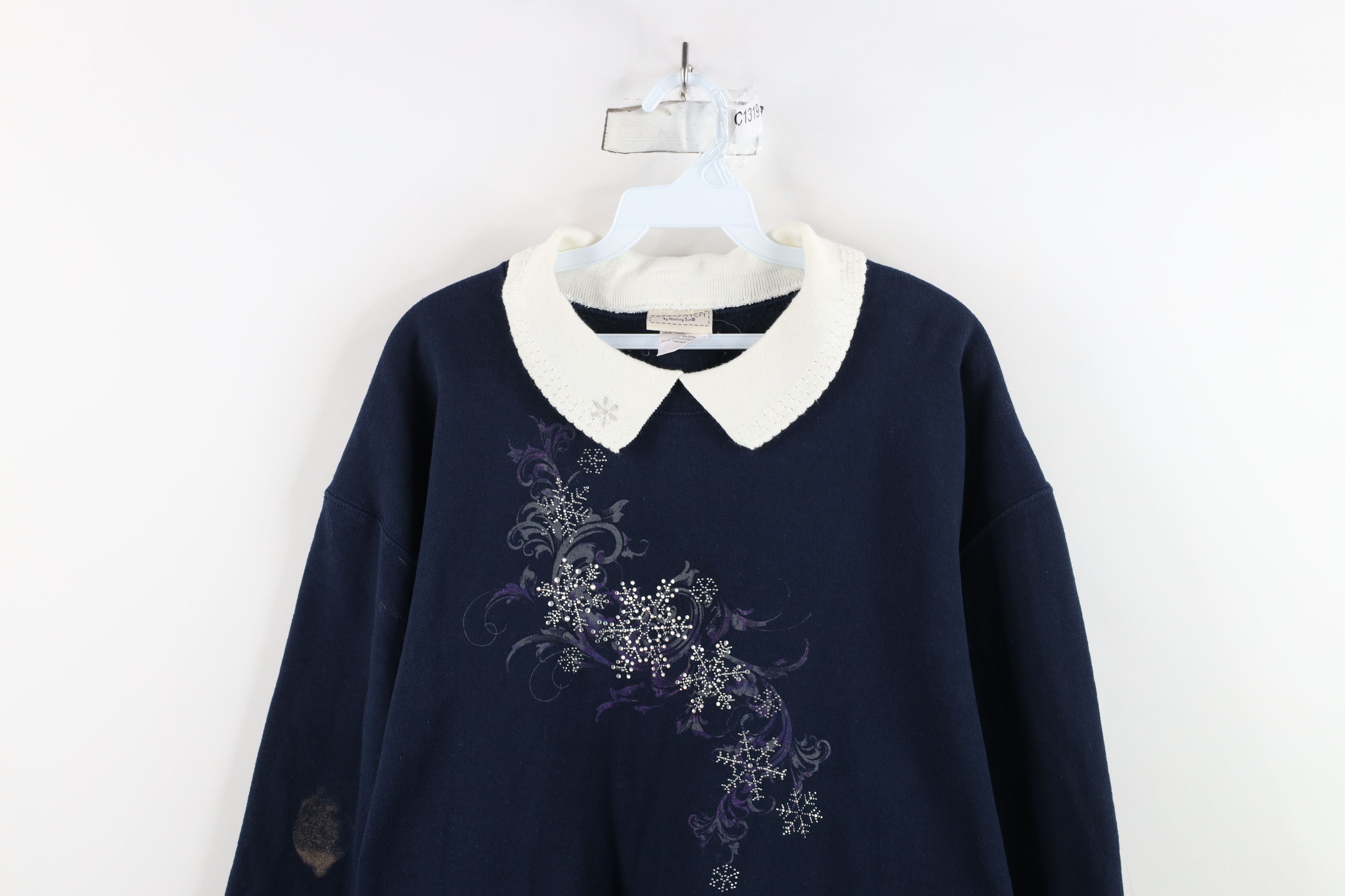 Vintage Vintage 90s Sequin Snowflake Tribal Collared Sweatshirt Blue Size XXL / US 16-18 / IT 52-54 - 2 Thumbnail