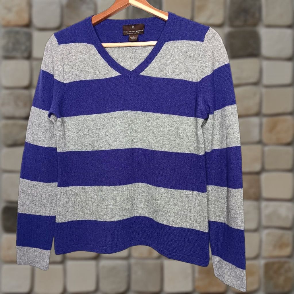 Vintage Fenn Wright Manson Sweater Women M Cashmere V Neck Gray Purple Striped Pullover Size M / US 6-8 / IT 42-44 - 1 Thumbnail