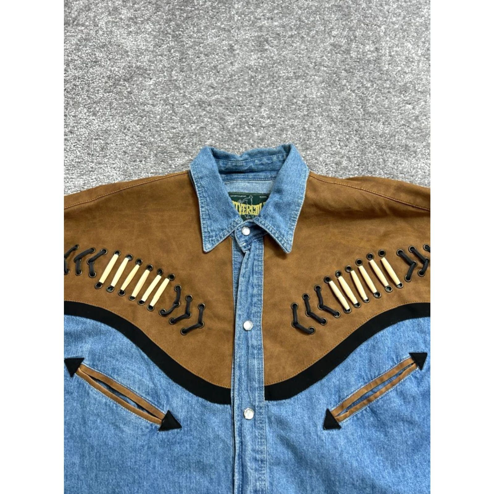 VINTAGE Rivergold Western Shirt Mens Large Denim Leather Effect Panel Cowboy Shirt