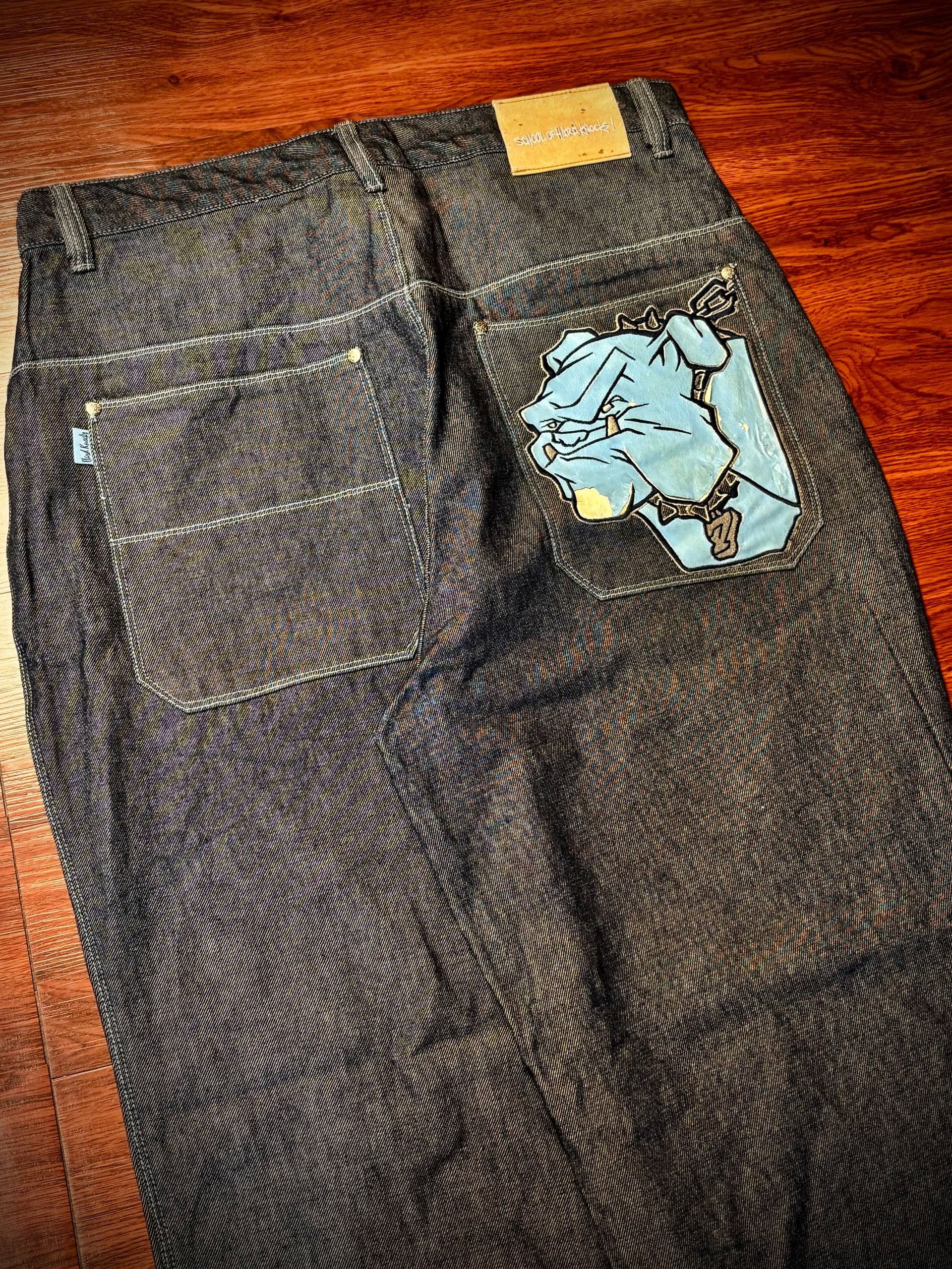 JNCO Vintage 00s SOHK Bulldogs Lace Back Hit Logo Denim Pants Size US 38 / EU 54 - 2 Thumbnail