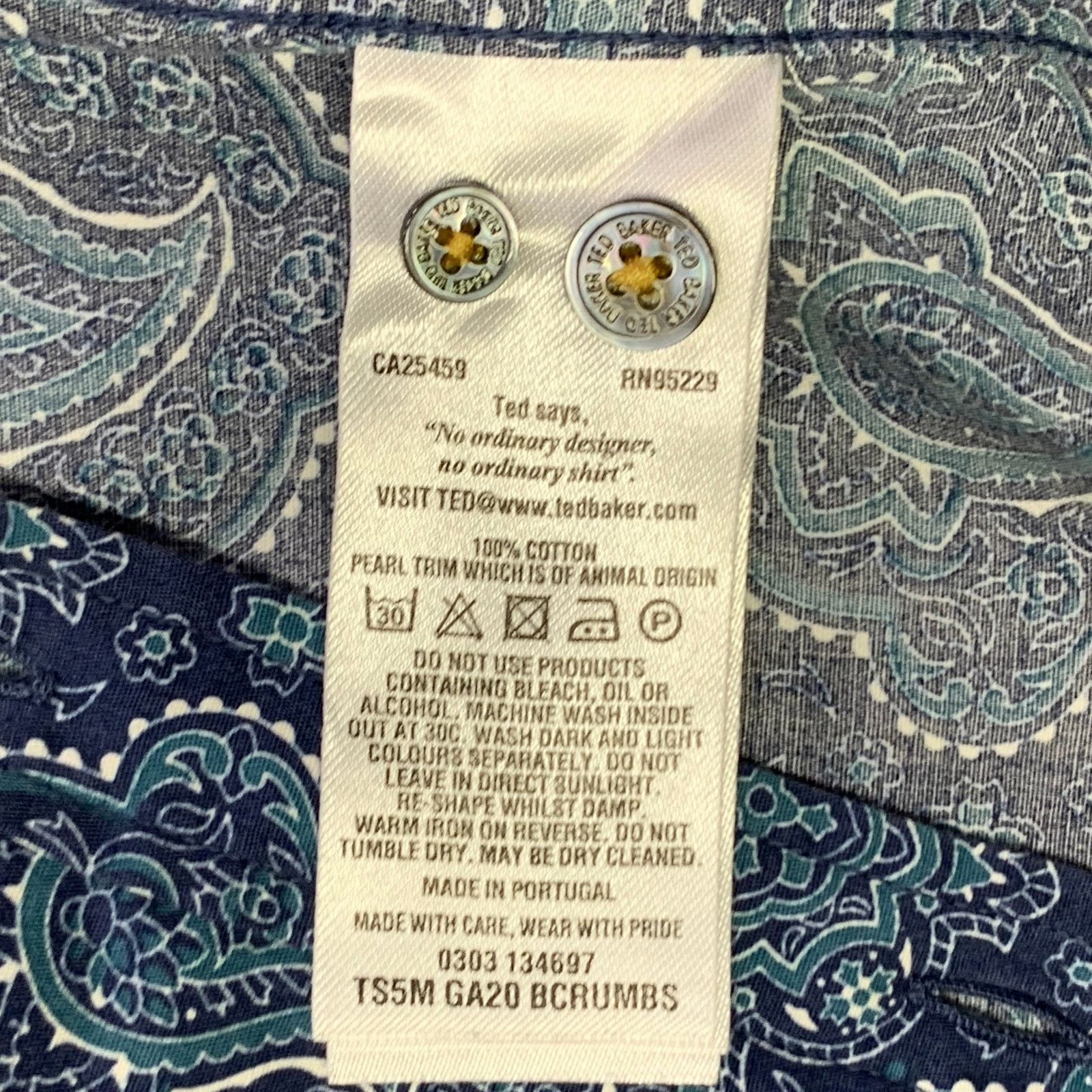 Ted Baker Bcrumbs Navy Green Paisley Cotton Spread Collar Short Sleeve Size US S / EU 44-46 / 1 - 6 Thumbnail