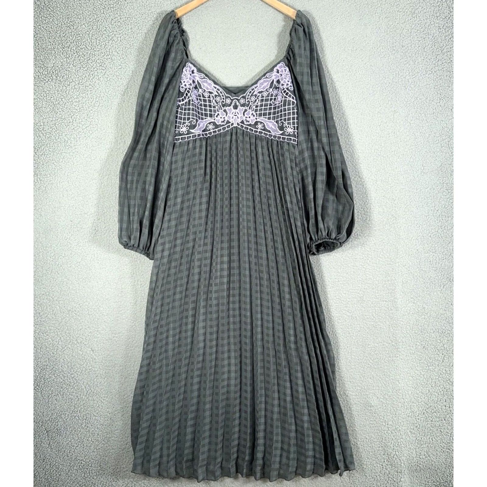 Asos ASOS Dress Womens 12 Gray Embroidered Pleated Lace Long Sleeve Fairy Coquette Whimsigoth Maxi Size XL / US 12-14 / IT 48-50 - 2 Thumbnail