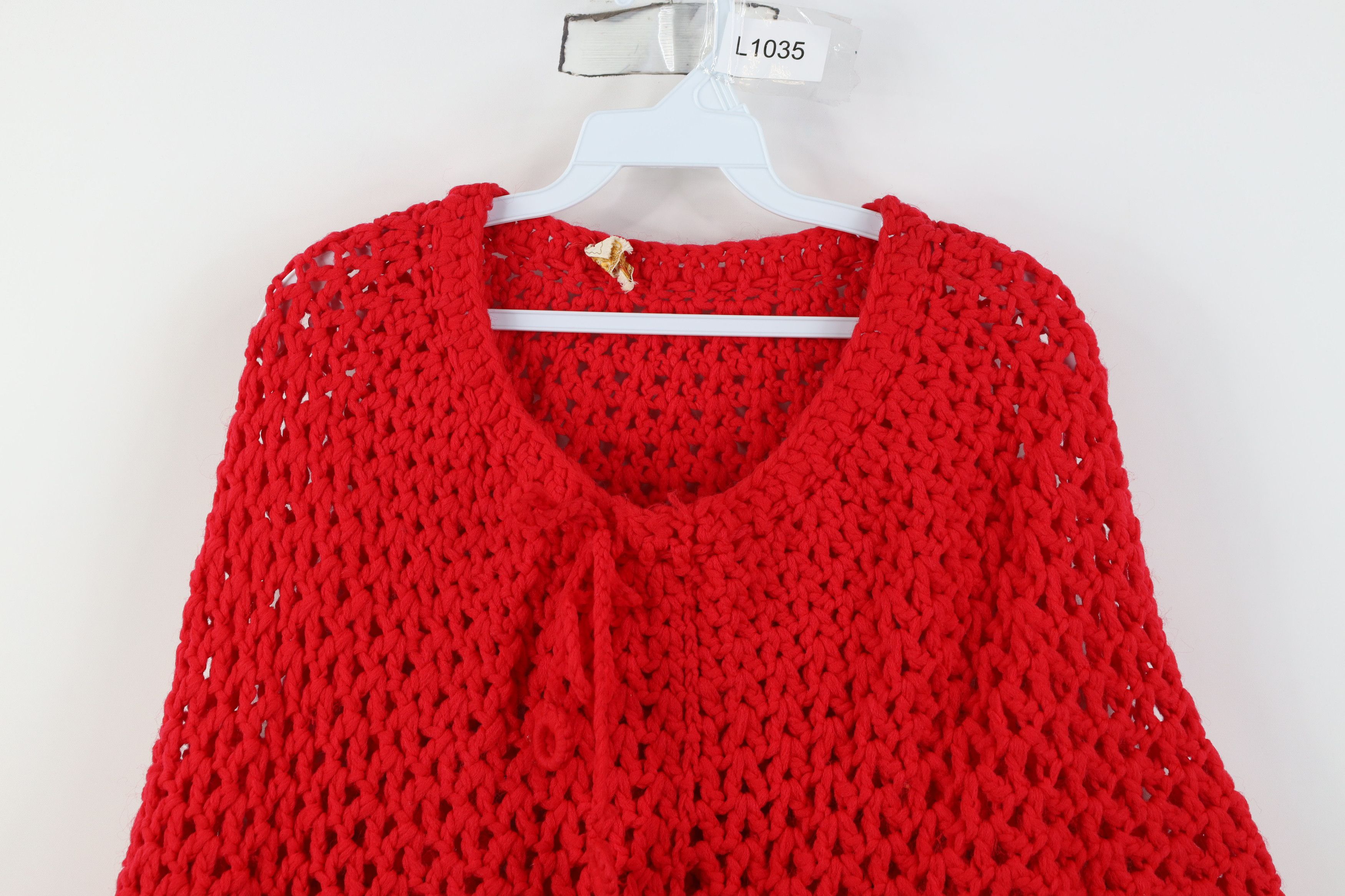 Vintage Vintage 50s 60s Fringed Crochet Poncho Sweater Cape Red USA Size ONE SIZE - 2 Thumbnail
