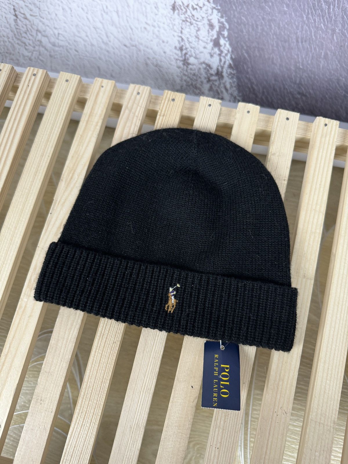 POLO RALPH LAUREN Black MERINO WOOL Genuine BEANIE Hat