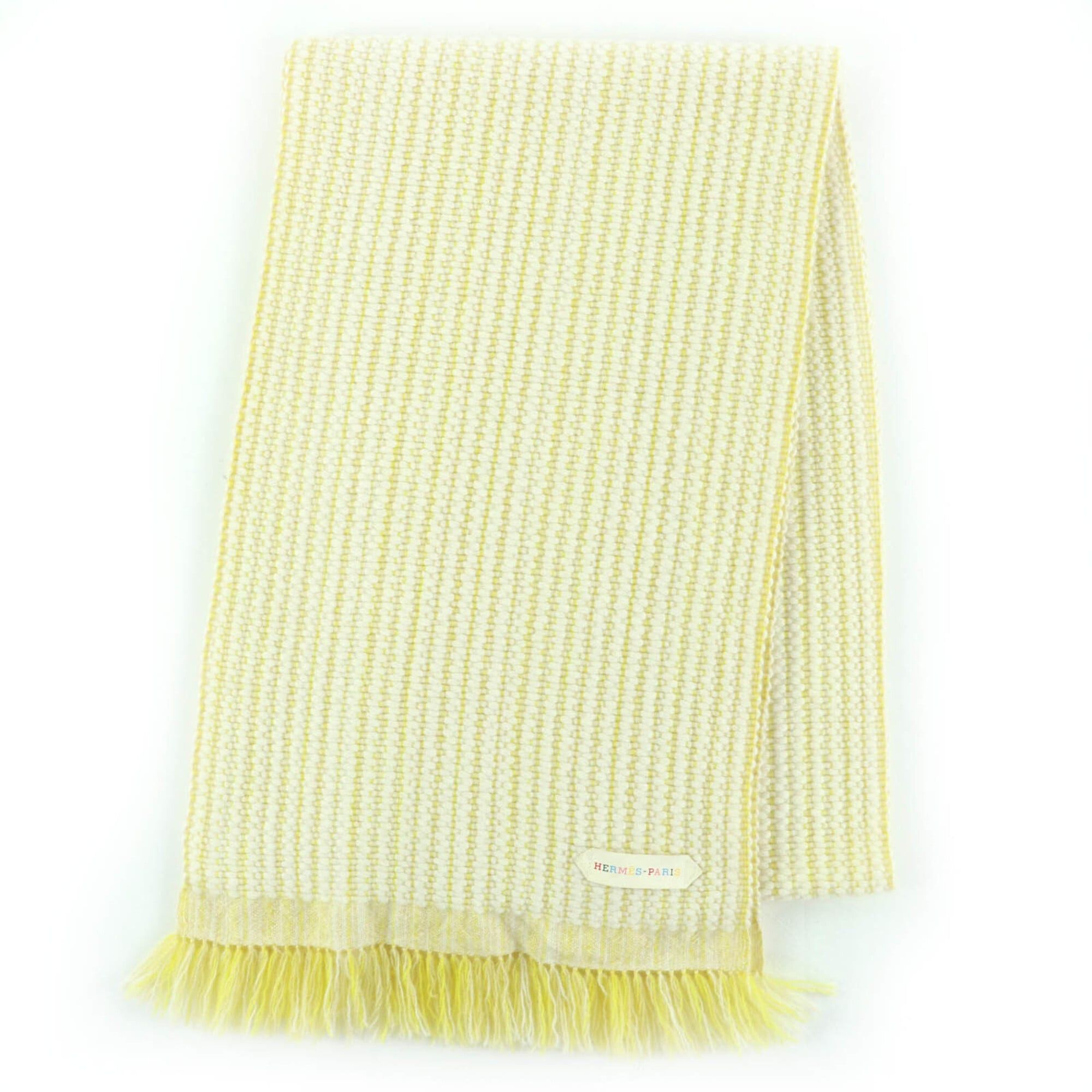Hermes HERMES 100% Cashmere Wavy Double-Faced Knit Scarf with Fringe, Large Size, Yellow, Women's Size ONE SIZE - 1 Thumbnail