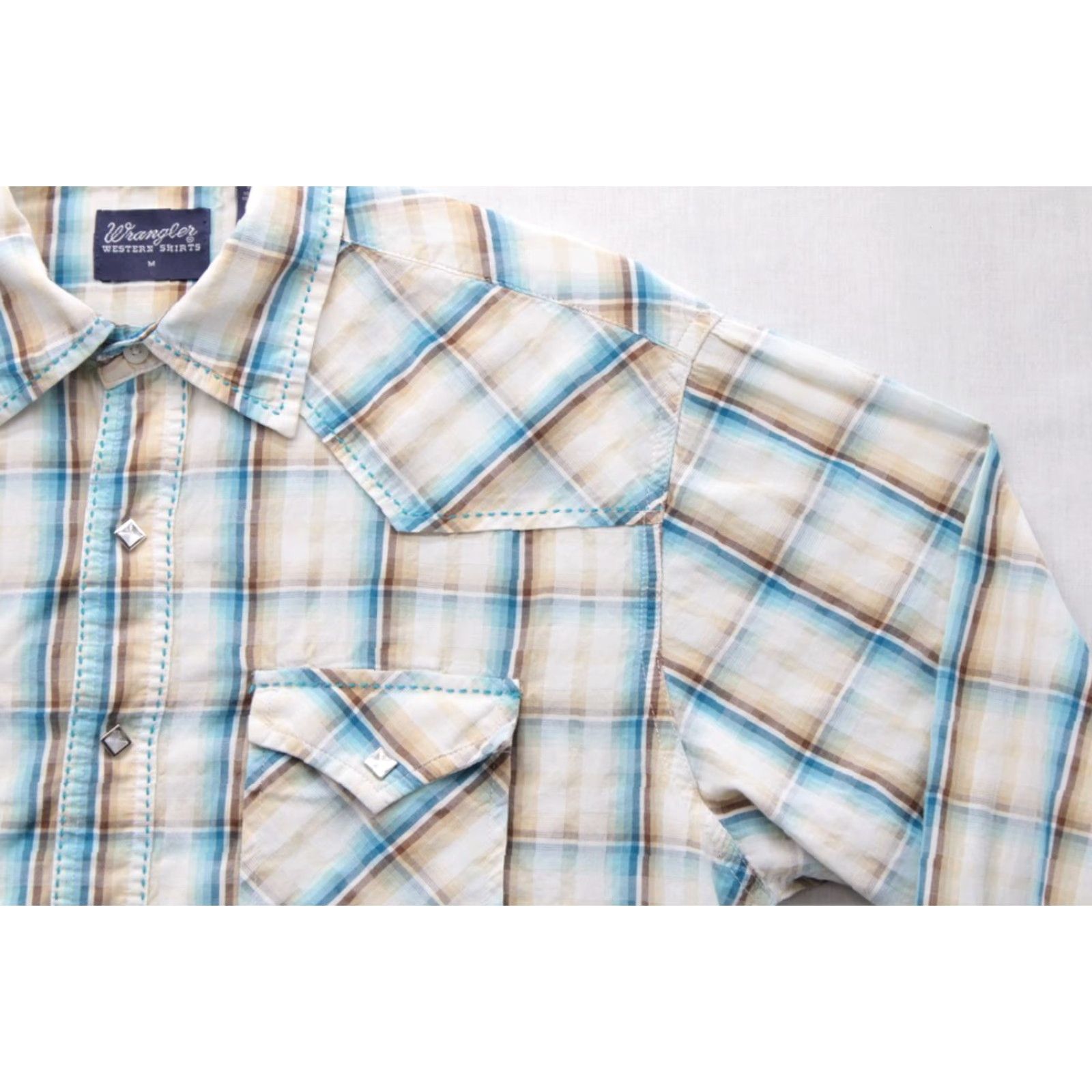 Wrangler VINTAGE Wrangler Western Shirt Men's M Thick Stitch Pearl Snap Diamond Shape Blue Plaid Size US M / EU 48-50 / 2 - 4 Thumbnail