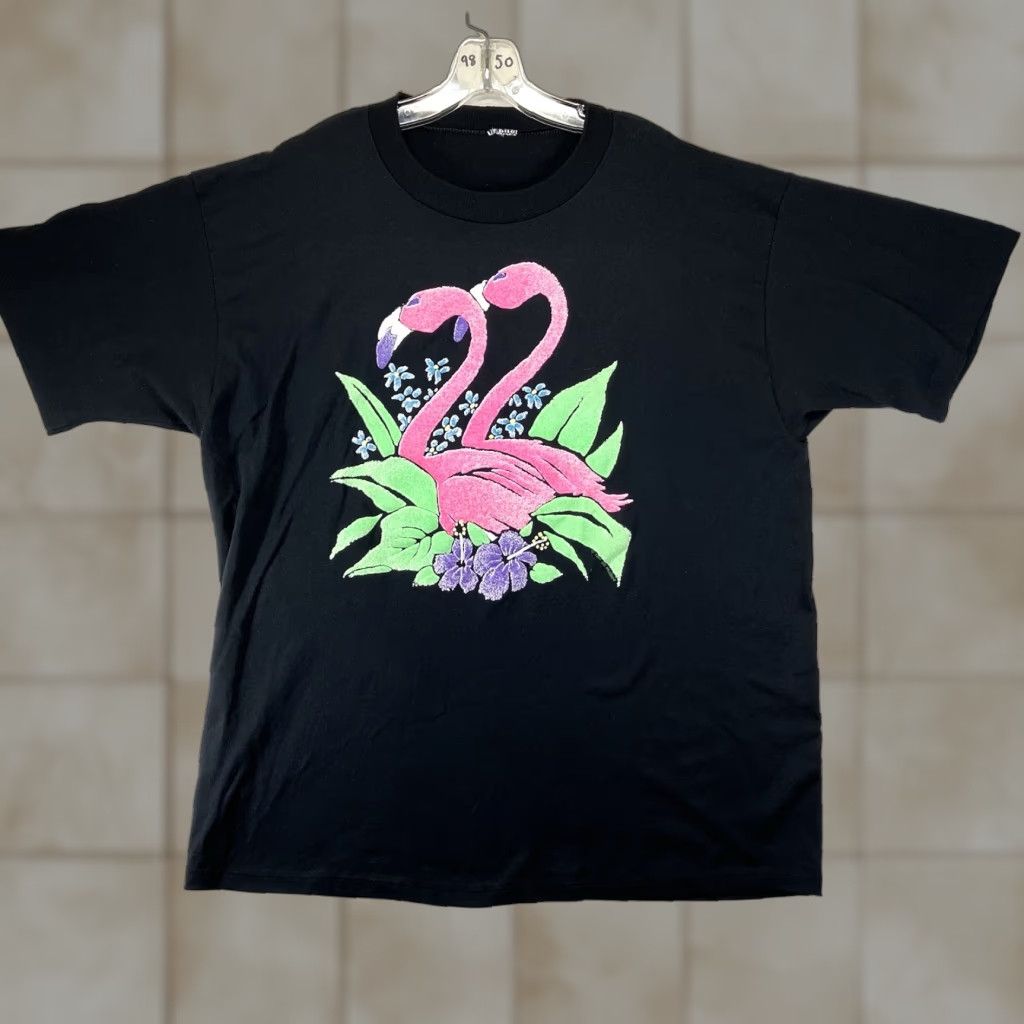Fruit Of The Loom VINTAGE Fruit of the Loom Flamingo T Shirt 90s Style Graphic Tee Black Large Unisex Short Sleeve 1990s Neon Puffy Oversized Shirt Size US L / EU 52-54 / 3 - 1 Thumbnail
