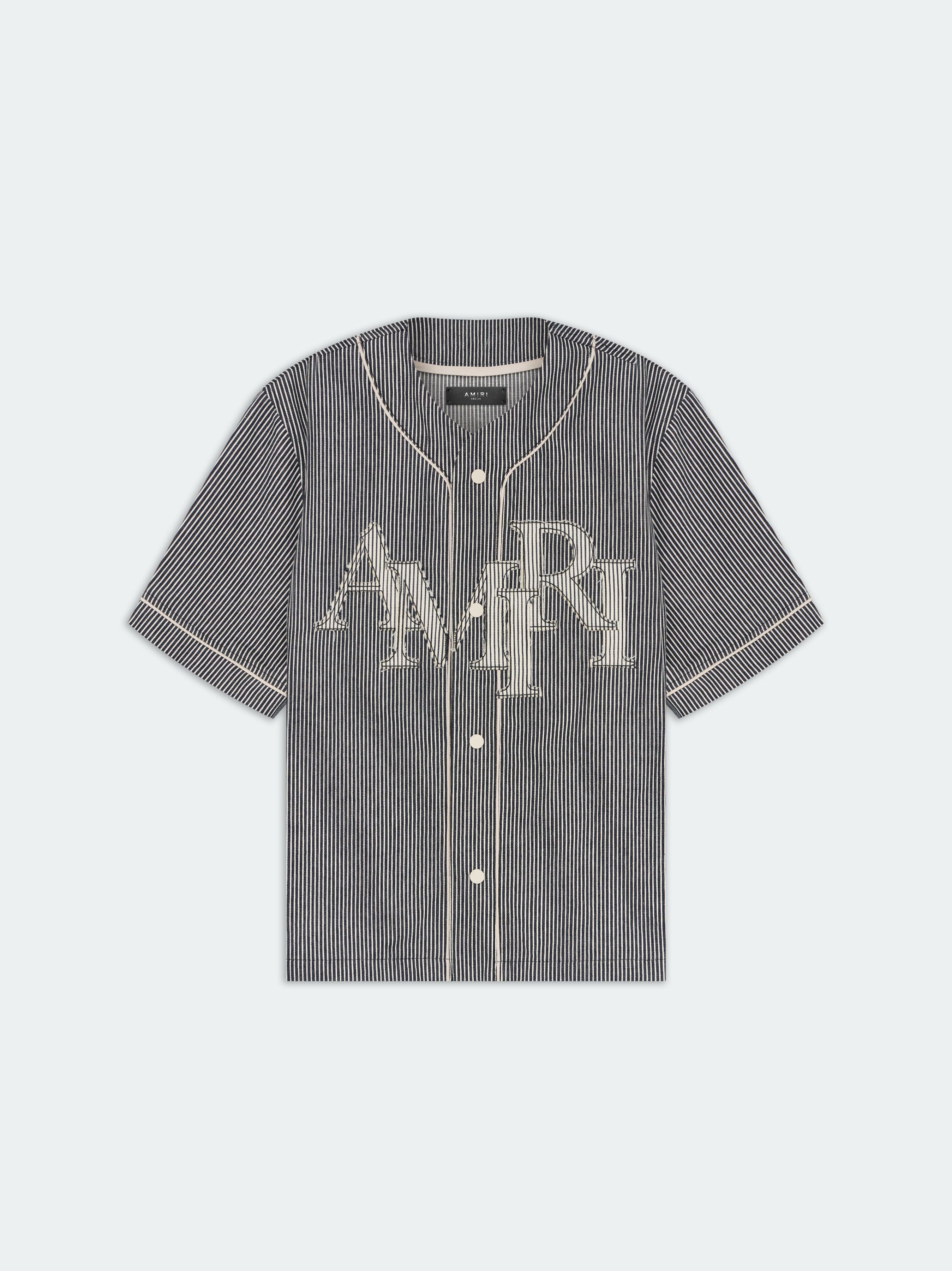 o1s1wg110425 Striped Denim Logo Applique Baseball Shirt