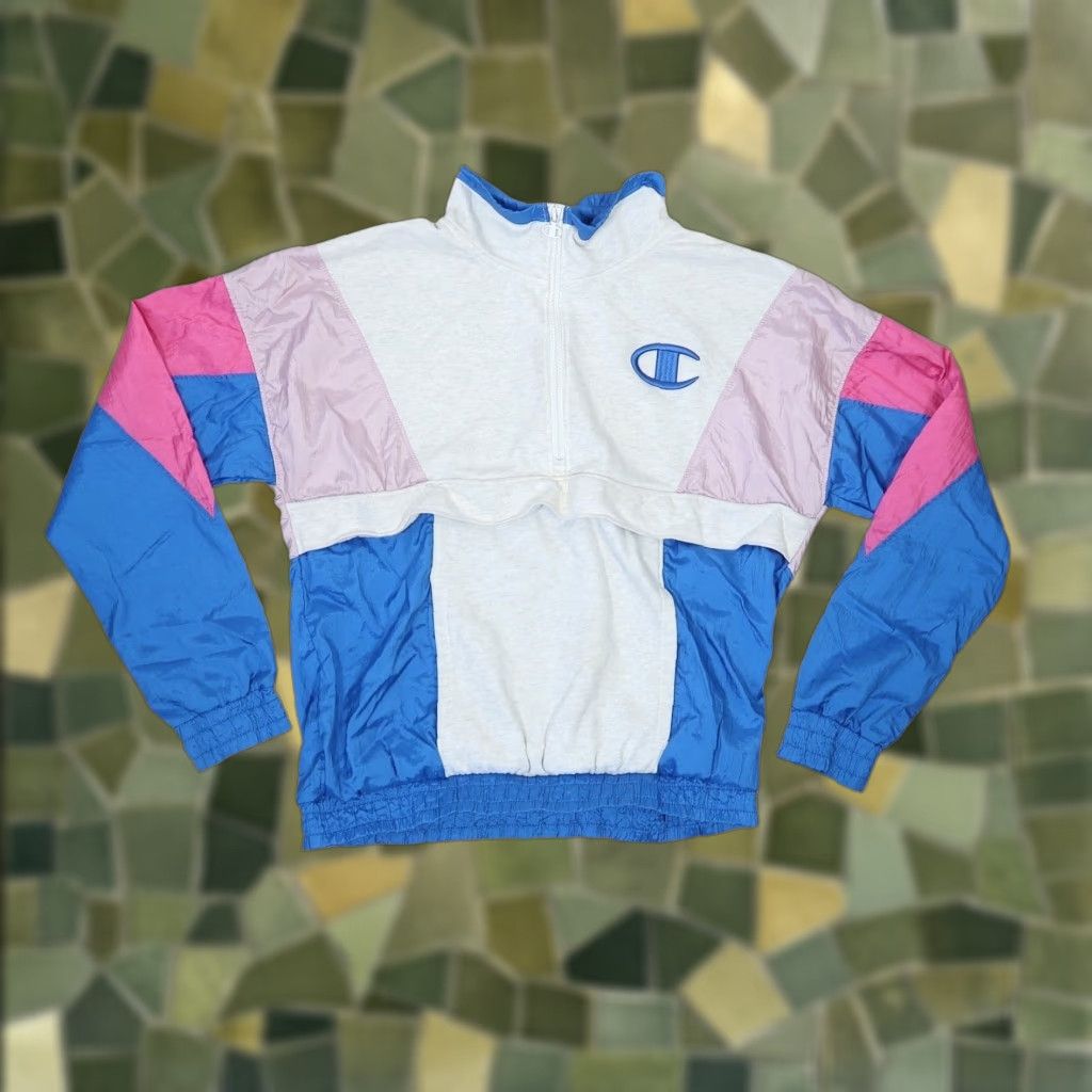 Champion VINTAGE Champion Sweatshirt Windbreaker 1/4 Zip Heather Grey Blue Pink Women M 90s Pullover Size M / US 6-8 / IT 42-44 - 1 Thumbnail