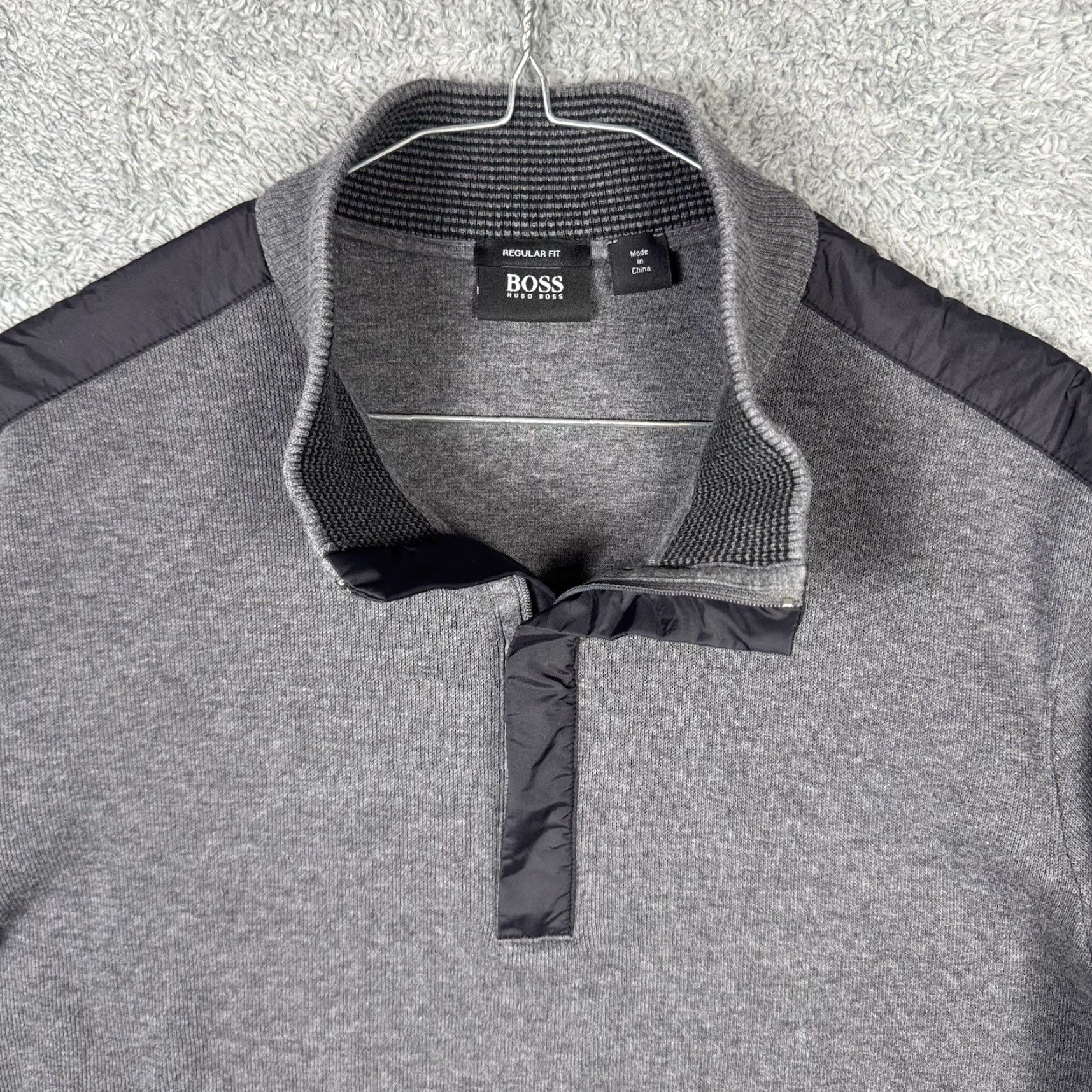 Hugo Boss HUGO BOSS Sweater Mens XL 1/4 Zip Pullover Tech Knit Cotton Regular Fit Gray | Logo Knit Wool? Size US XL / EU 56 / 4 - 3 Thumbnail