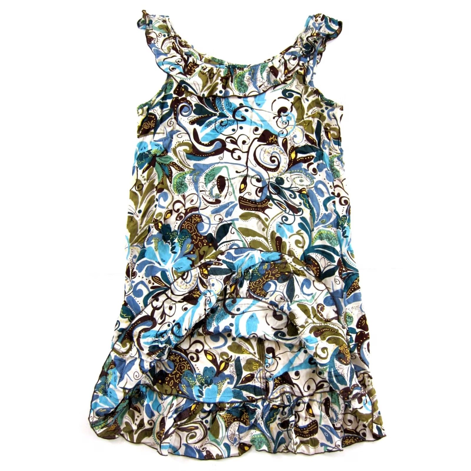 Vintage Loco Lindo 100% Rayon Green Floral Ruffle Neck Tank Sun Dress Large Size L / US 10 / IT 46 - 5 Thumbnail