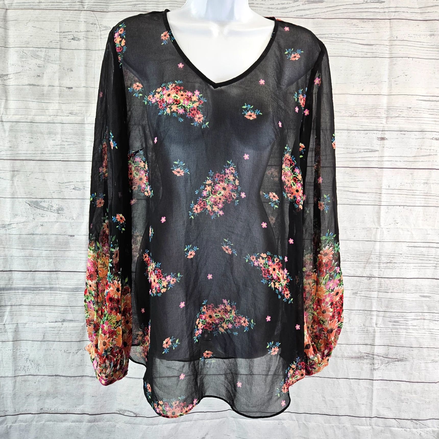 Vintage Cabi Blouse Womens Sz Medium Black Pink Floral Semi Sheer Size M / US 6-8 / IT 42-44 - 2 Thumbnail