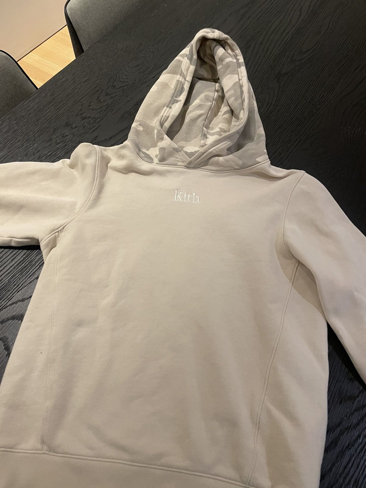 Kith Off white color hoodie with gray camo hood