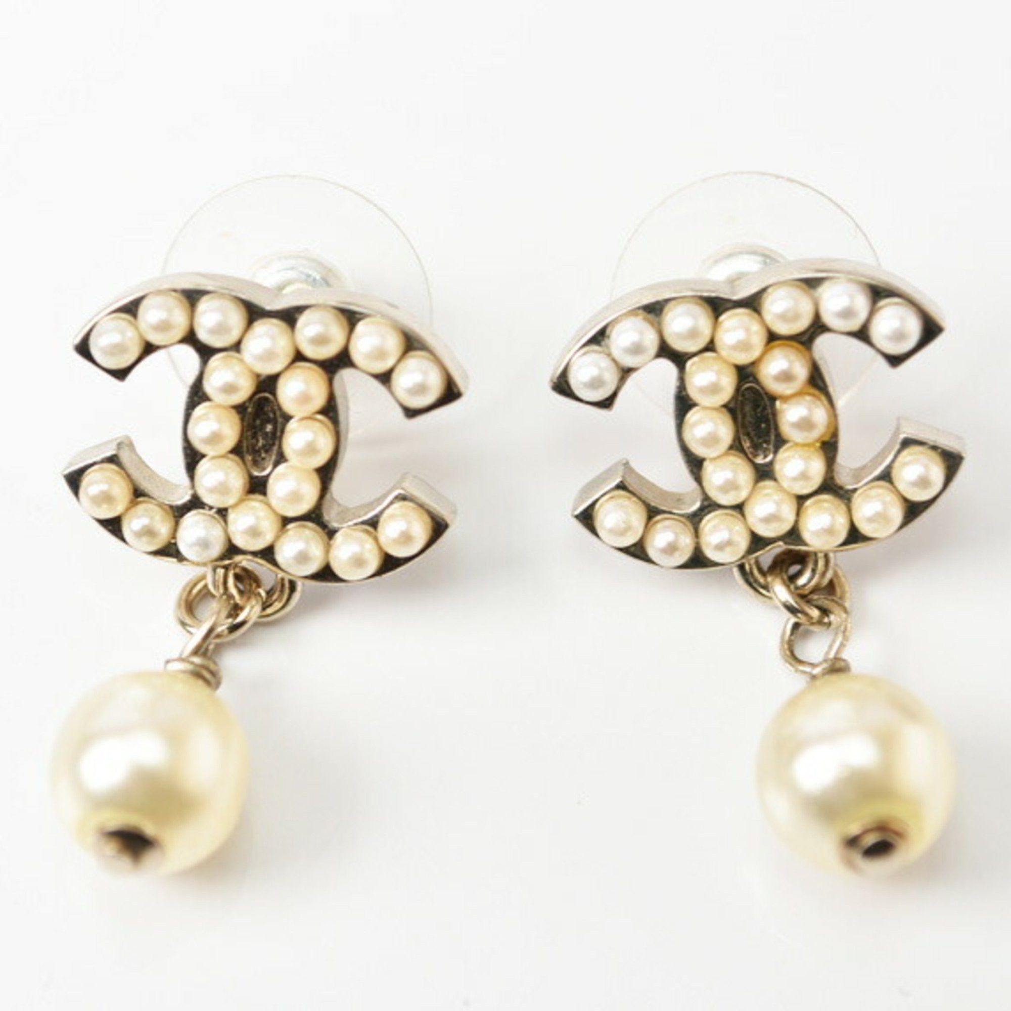 image of Chanel Earrings Cc Motif Here Mark Swing Pearl Gold White, Women's