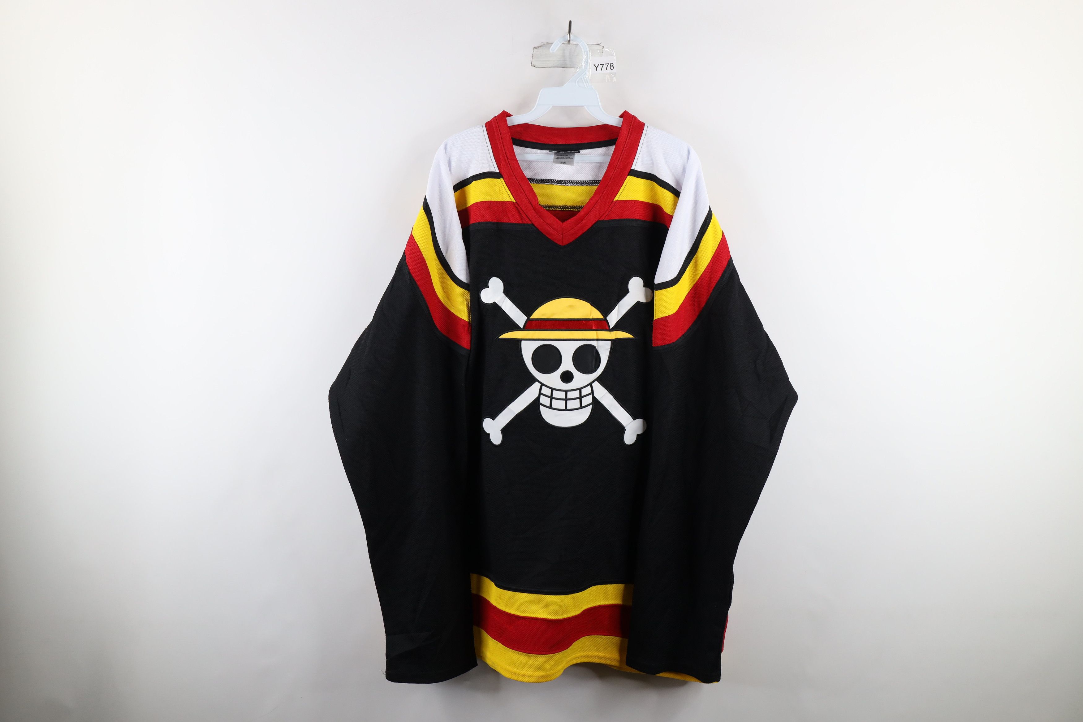 Image of Vintage One Piece Manga Luffy Hockey Jersey Skull Black, Men's (Size 2XL)