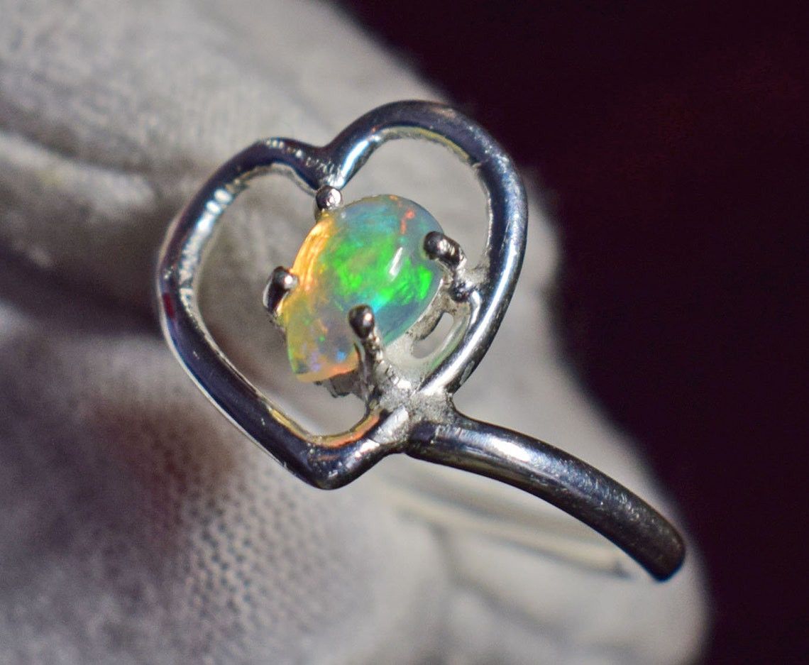 Handmade Heart Sterling Silver Ring: Ethiopian Opal Gemstone Size ONE SIZE - 2 Thumbnail