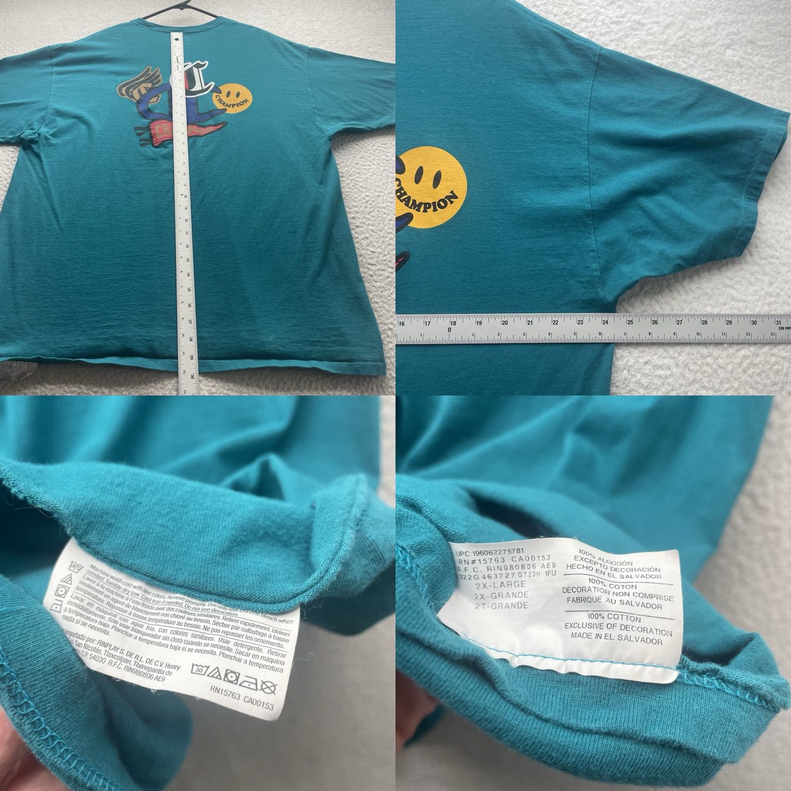 Champion Champion T-Shirt Mens 2XL Teal Graphic Print Smiley Face Pennant Logo Size US XXL / EU 58 / 5 - 8 Thumbnail
