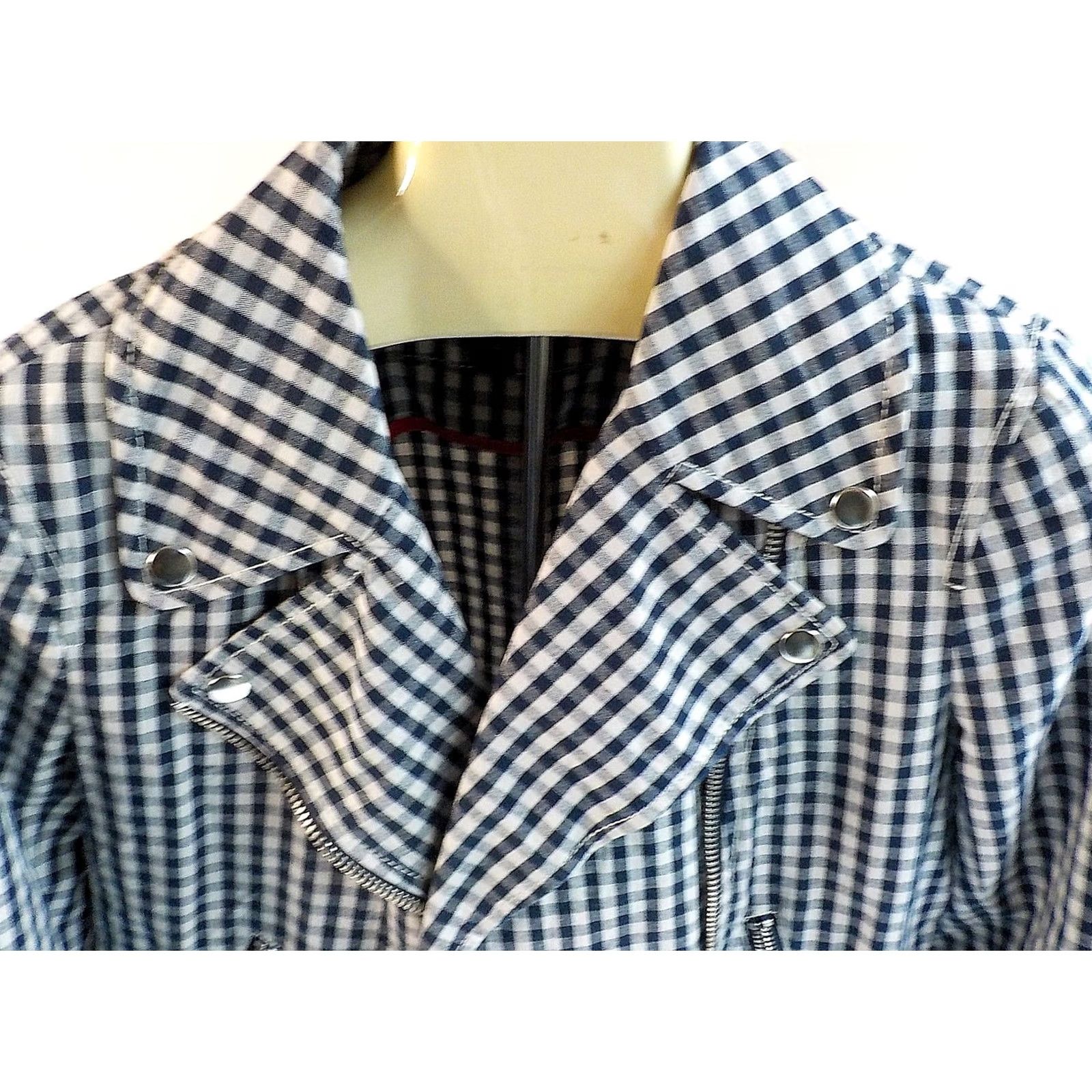 J.Crew J CREW Check Moto Style Jacket Asymmetrical Zip Blue/Ivory Cotton Blend SZ 4 Jacket Women Short 4 Blue Ivory Check Zippered Pockets Great Condition Size S / US 4 / IT 40 - 2 Thumbnail