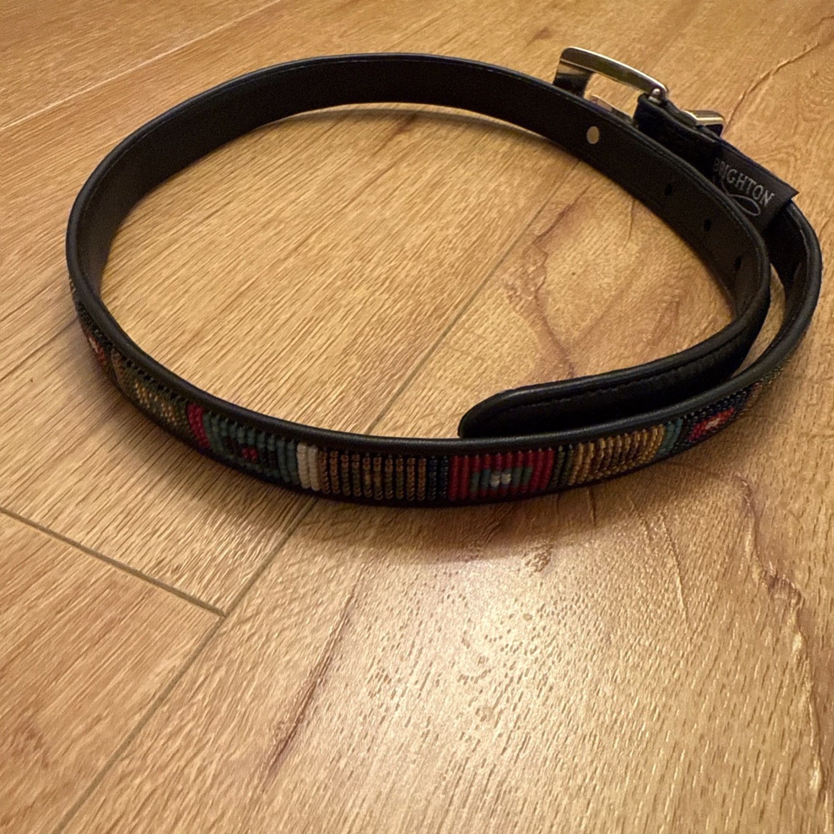 Brighton VINTAGE Brighton Beaded Detail M Black Leather Skinny Belt Silver Tooled Buckle Boho Womens Belt (Western) Size ONE SIZE - 3 Thumbnail