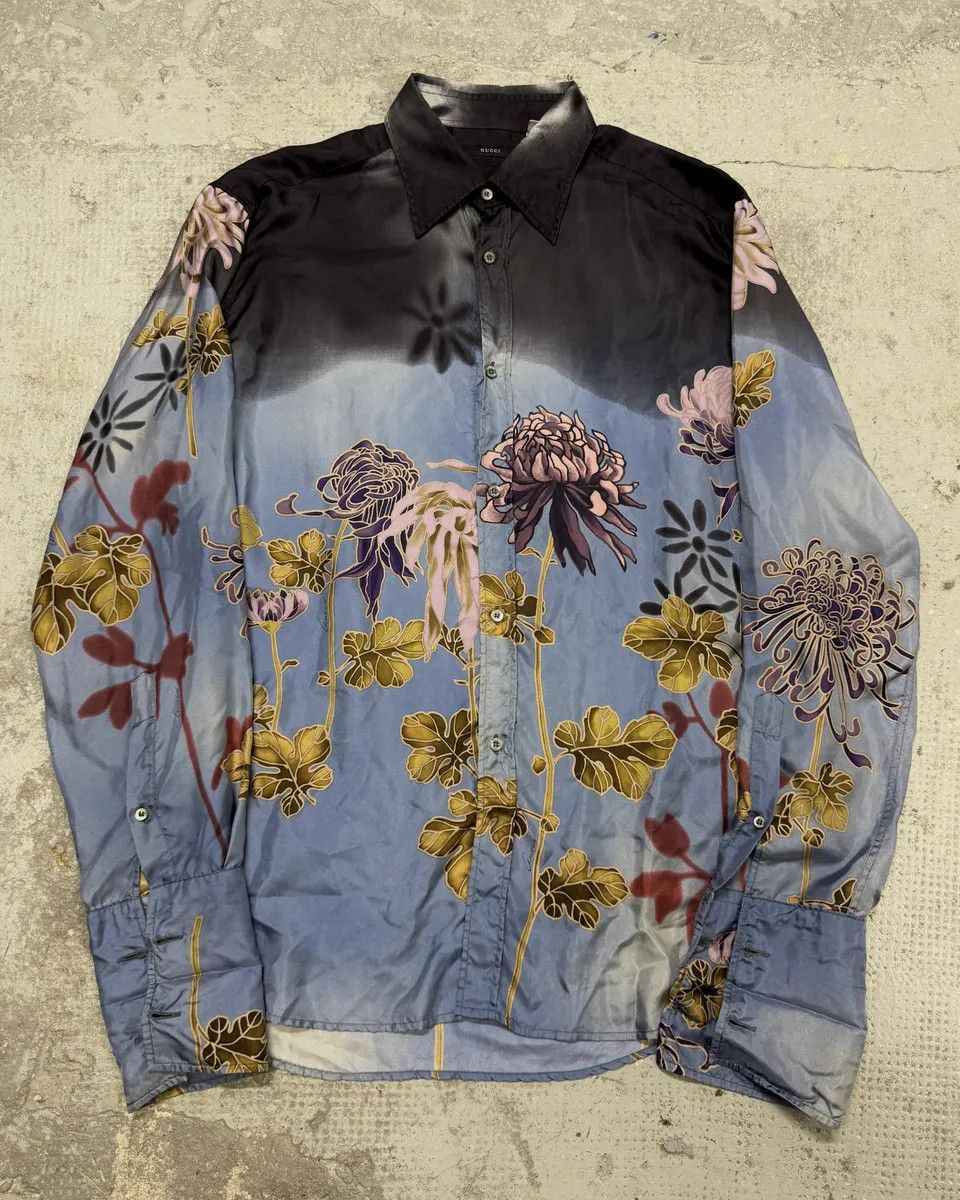 Gucci × Vintage SS2003 Gucci by Tom Ford Blue Floral Silk Button Up Long Sleeve Shirt Size US L / EU 52-54 / 3 - 1 Thumbnail