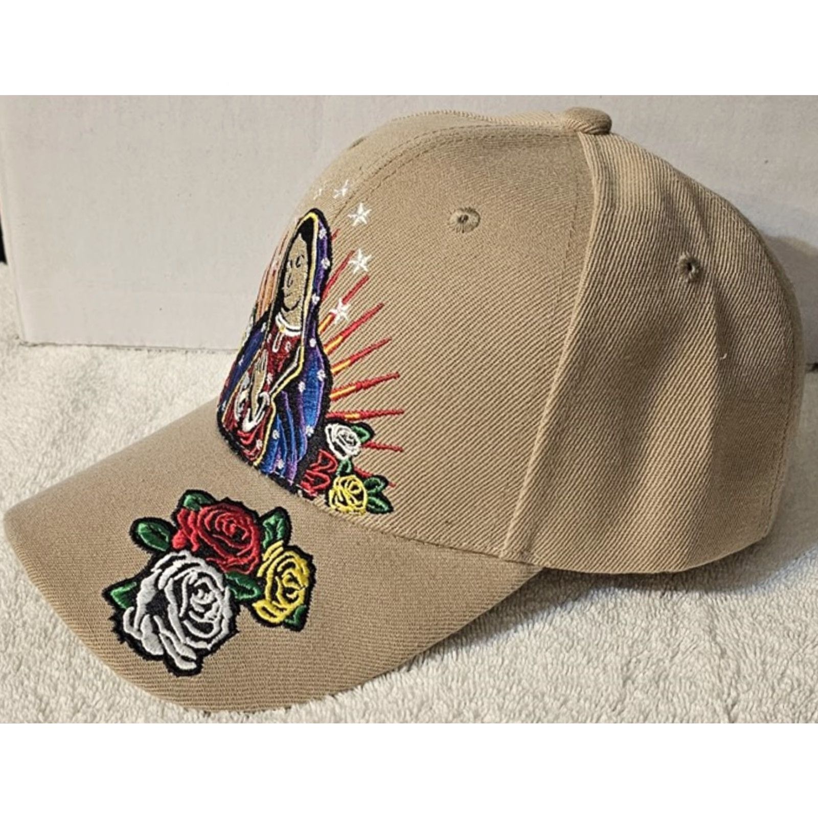 Vintage GUADALUPE VIRGIN MARY FLOWER ROSE RELIGIOUS STAR BASEBALL CAP Beige Adult Adjustable Cap Men Size ONE SIZE - 2 Thumbnail