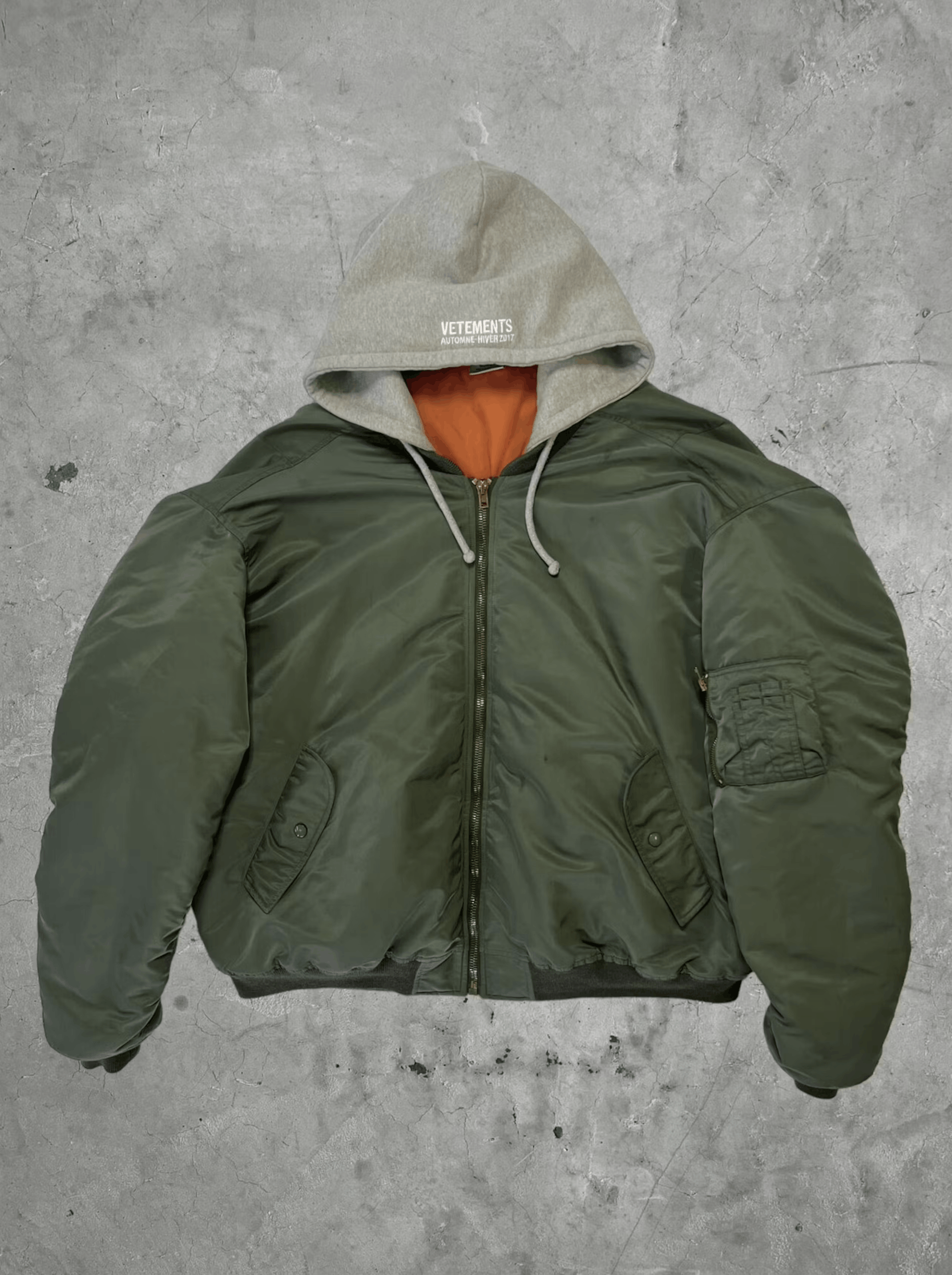image of 2017 Vetements OG Oversized Hooded Bomber Jacket in Olive, Men's (Size Large)