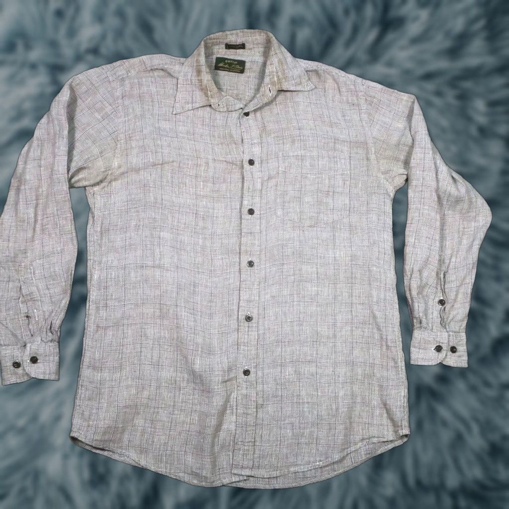 Orvis VINTAGE Orvis Linen Shirt Mens M Oversized Brown Houndstooth Button Up Distressed Size US M / EU 48-50 / 2 - 1 Thumbnail