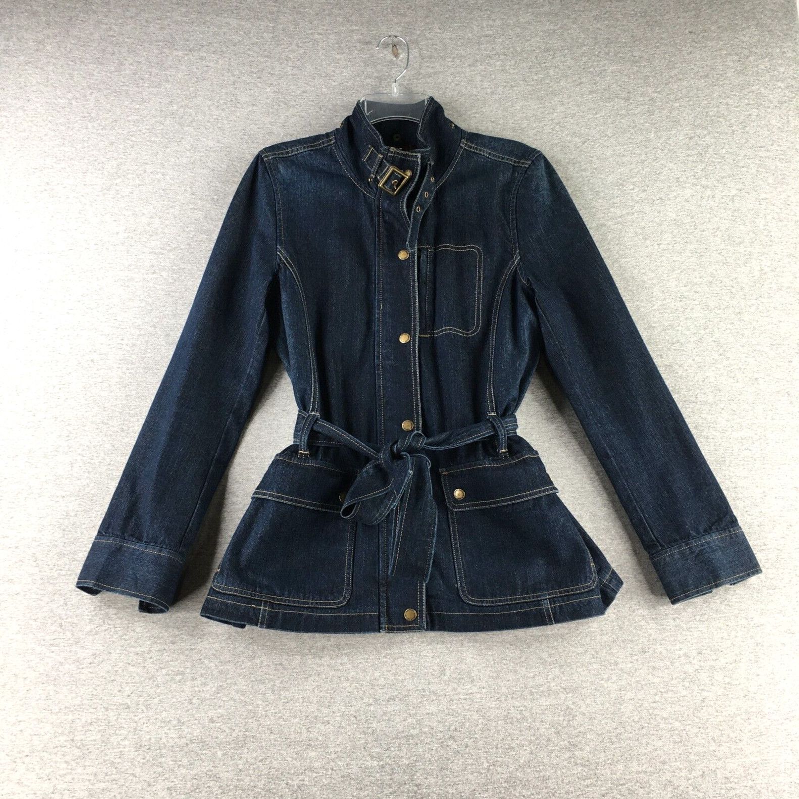 image of Ralph Laurent Jacket Womens Medium Denim Tunic Belted Flannel Lined Dark Wash Lrl in White