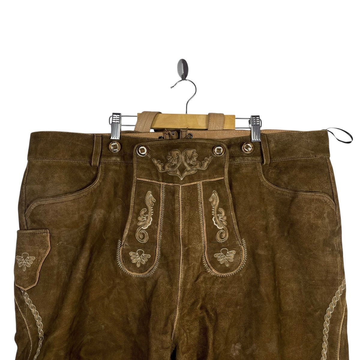 Vintage Vintage German Lederhosen Leather Butcher Brown Embroidered Size US 43 - 2 Thumbnail