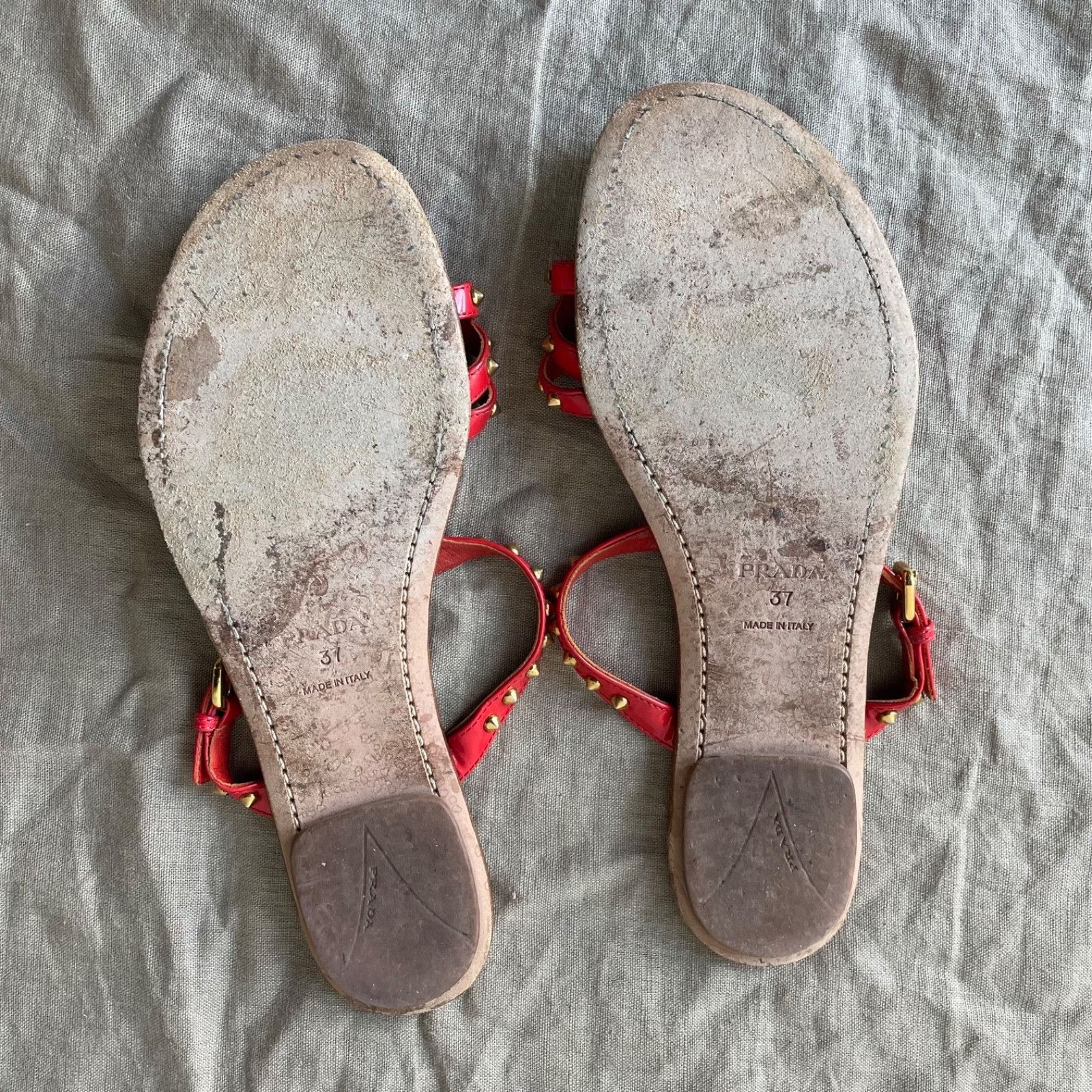 Prada Prada Red Studded Leather Sandals Strappy Flat 9426AC Size US 6.5 / IT 36.5 - 2 Thumbnail