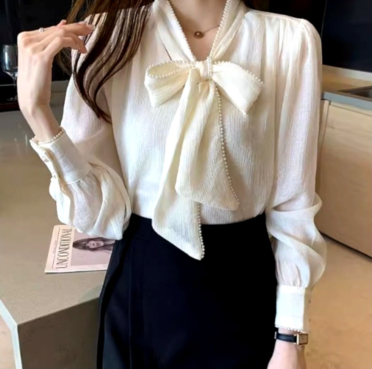Designer × Japanese Brand × Vintage Stunning Vintage Peals Bow Lantern Sleeves Ruched Blouse Size L / US 10 / IT 46 - 5 Thumbnail
