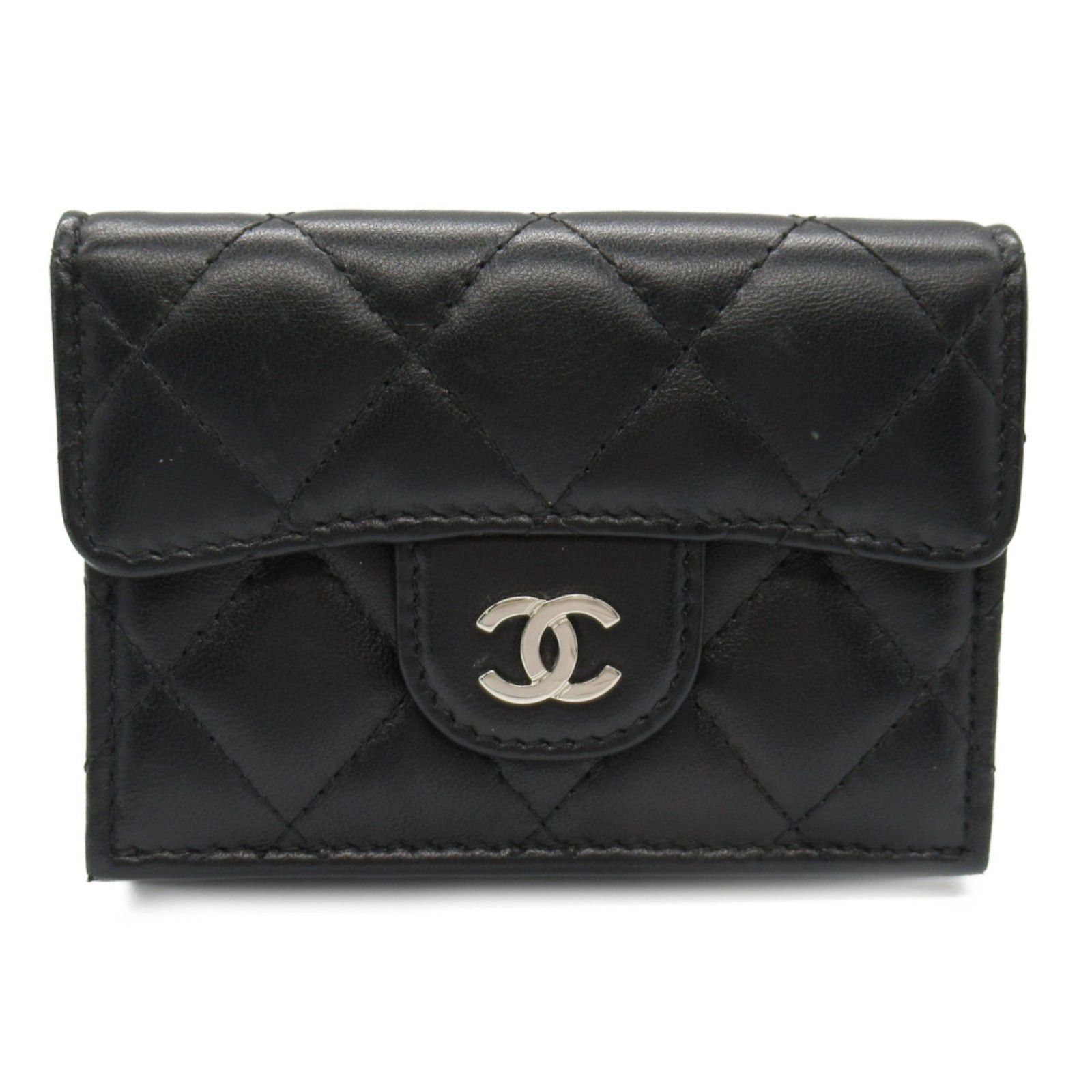 Chanel Matelasse Trifold Wallet Lambskin (Sheepskin) Black Silver Hardware