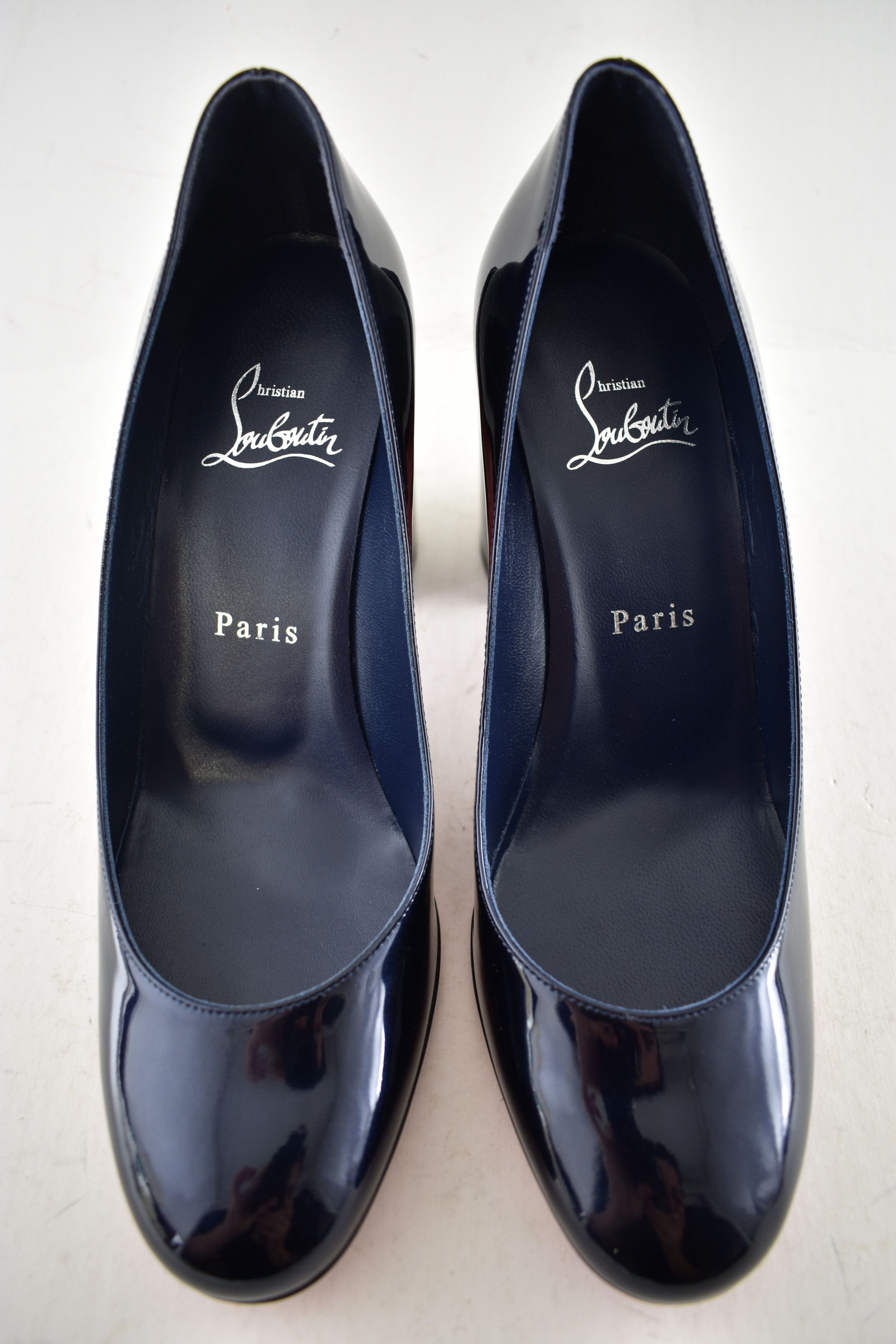 Christian Louboutin Miss Sab 85 Zaffiro Navy Blue Patent Block Heel Pump 37 Size US 7 / IT 37 - 9 Thumbnail