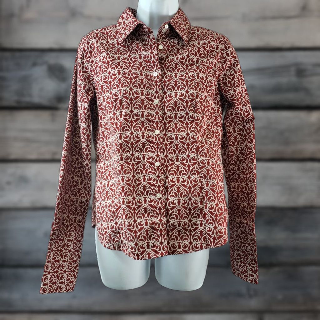 Talbots Talbots Womens Printed Shirt Sz 8P Red White Scrolls Long Sleeve Button Front Shirt Womens Petite 8P Red Scrolls Cotton Blend Vintage No Size M / US 6-8 / IT 42-44 - 1 Thumbnail