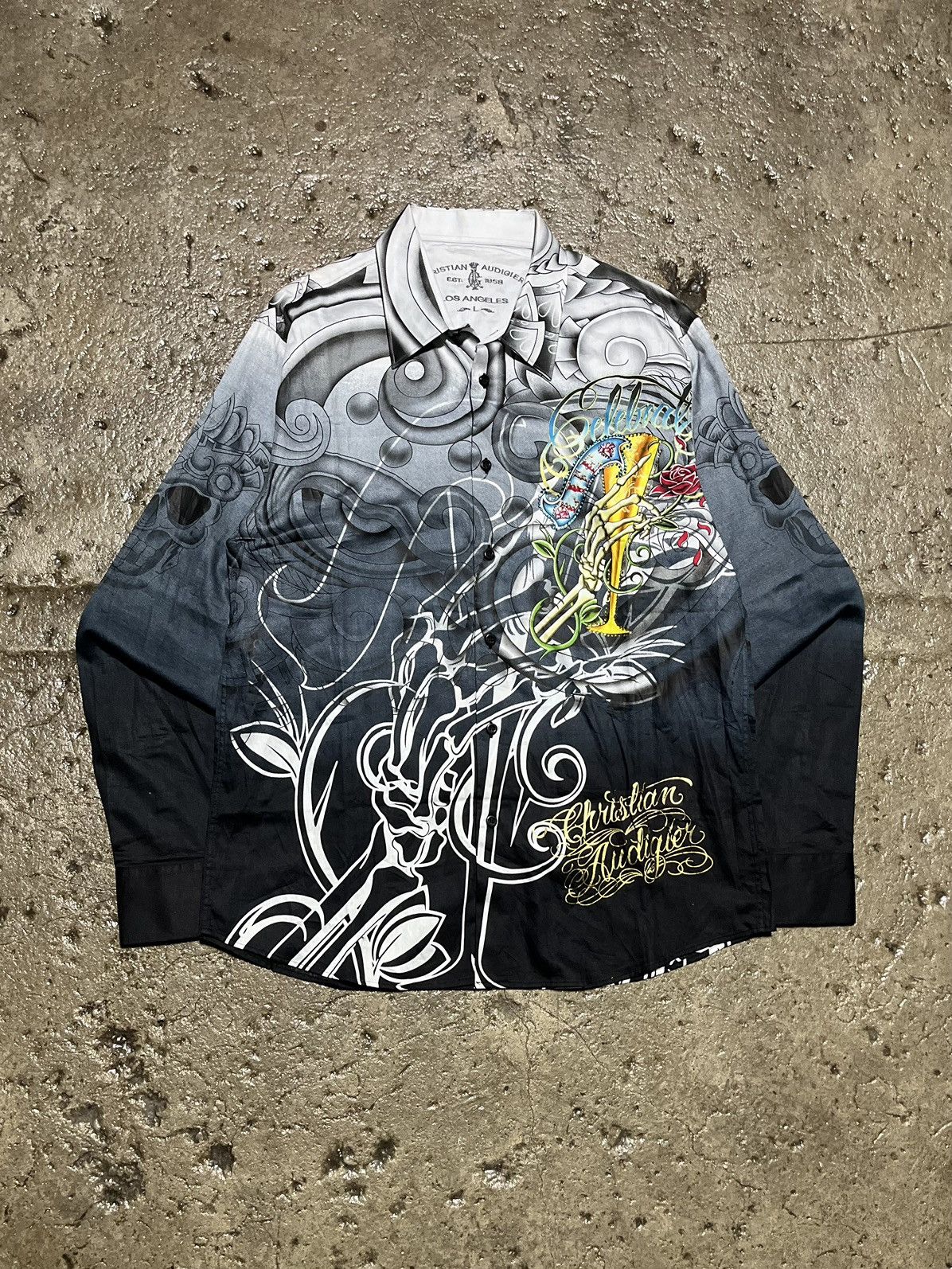 image of Affliction x Ed Hardy Crazy Vintage Y2K Ed Hardy Longsleeve Buttown Down Shirt, Men's (Size XL)