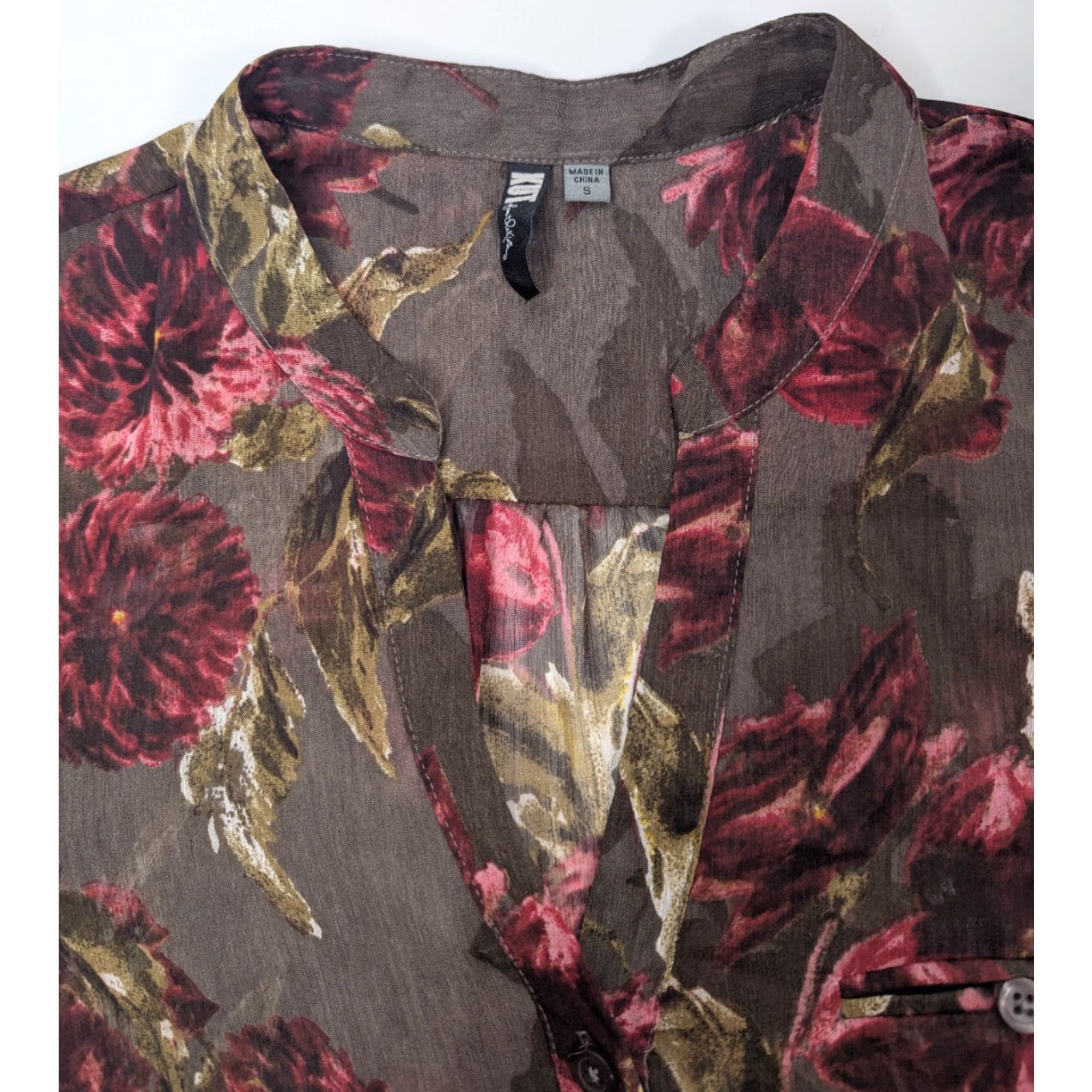 Vintage Kut from the Kloth Womens Blouse Shirt S Brown Floral Print Button V-Neck Sheer Long Sleeve Crepe Polyester Tunic Casual Size S / US 4 / IT 40 - 5 Thumbnail