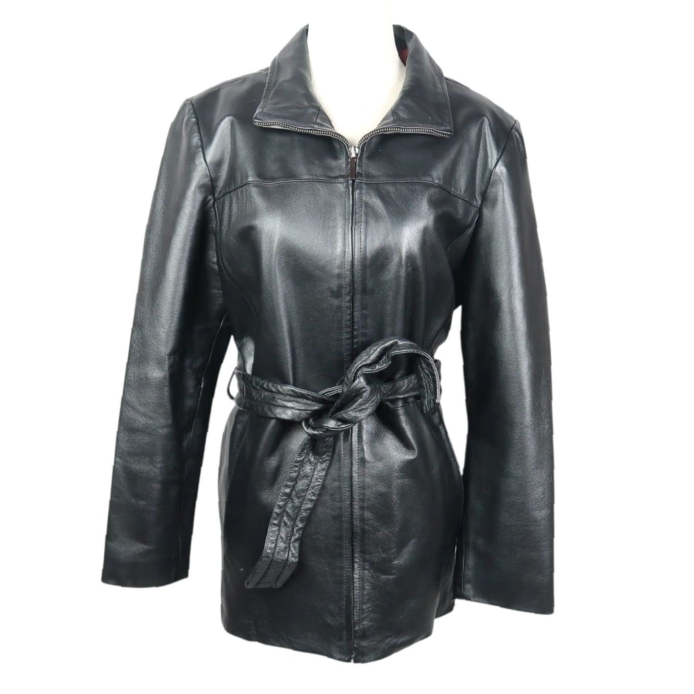 Worthington VINTAGE Worthington Black Leather Zip Front Belted Jacket LP Size L / US 10 / IT 46 - 2 Thumbnail