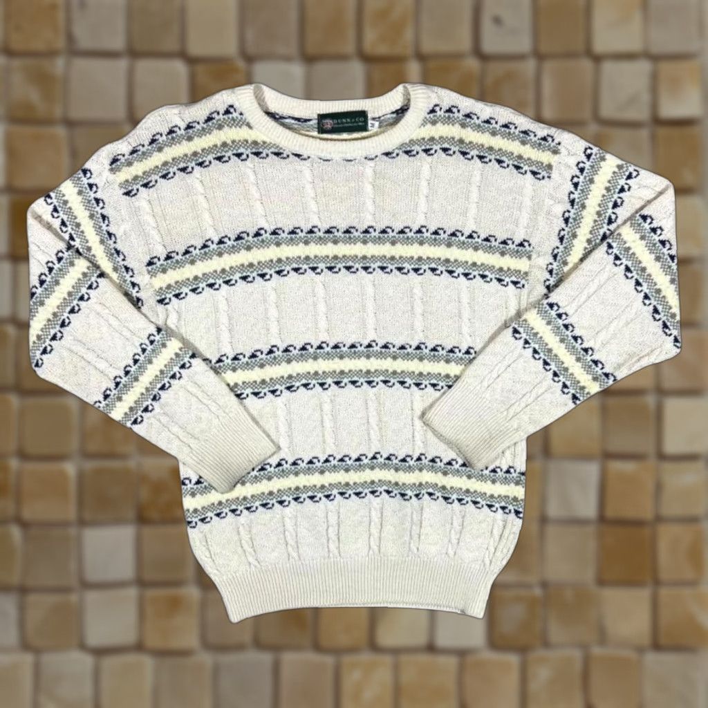 Vintage Vintage Dunn & Co. Grandad Patterned Cable Knit Crewneck Jumper Sweater M Cream Men Size US M / EU 48-50 / 2 - 1 Thumbnail