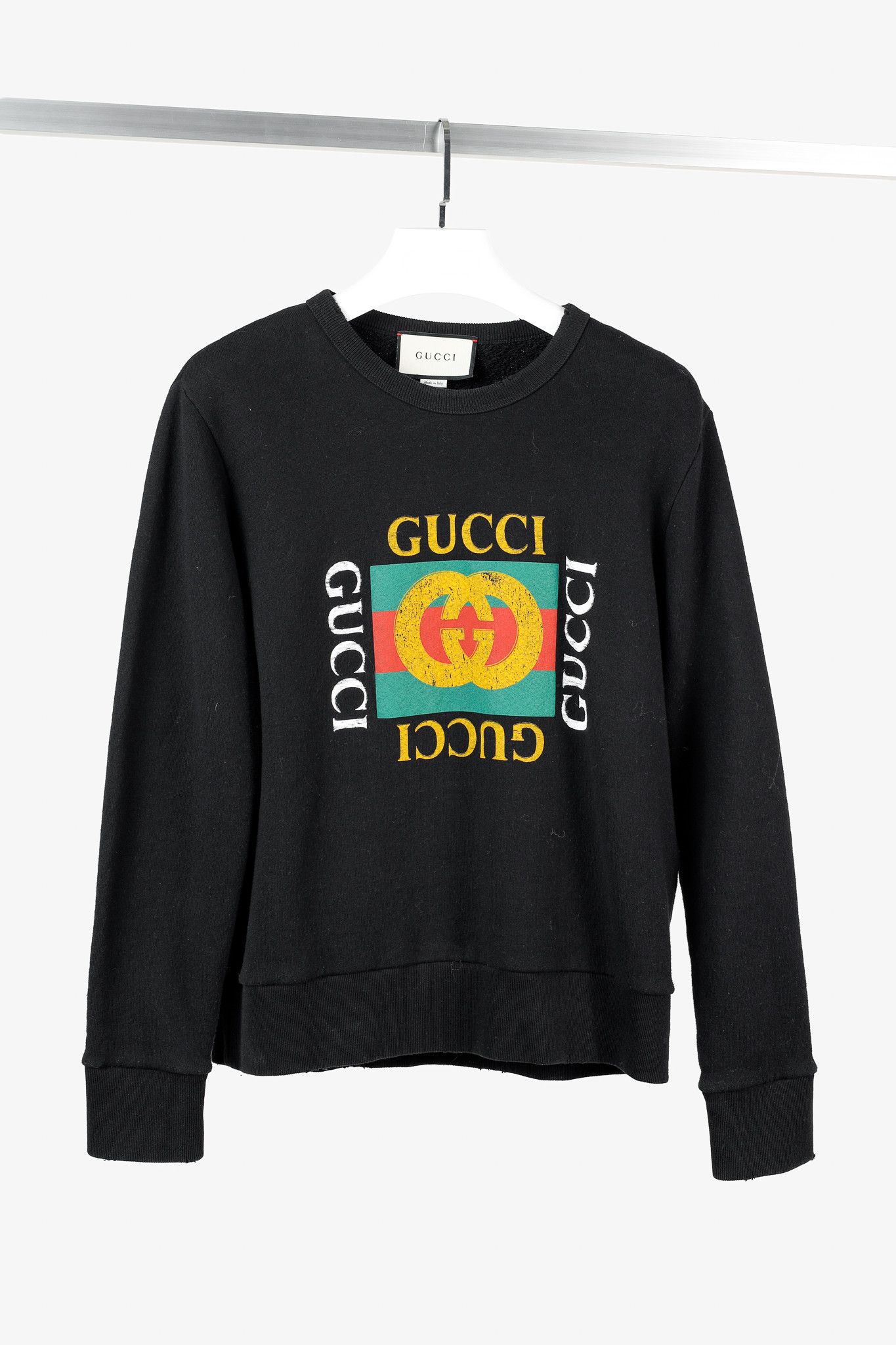 Gucci Gucci Black Distressed-Effect Logo-Print Cotton Sweatshirt Size US S / EU 44-46 / 1 - 1 Thumbnail