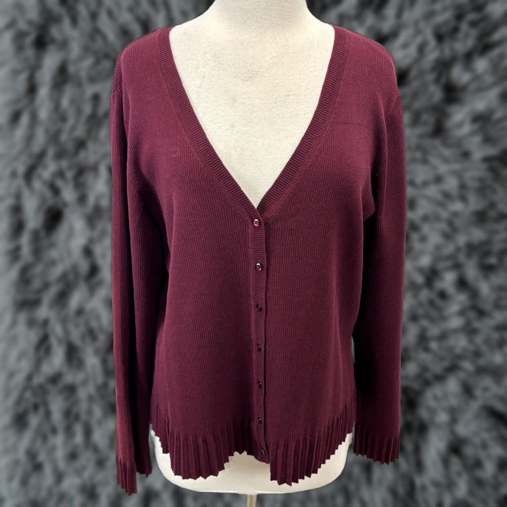 Coldwater Creek VINTAGE Coldwater Creek Cardigan Sweater Women XL Burgundy Silk Blend Pleated Trim V-Neck Long Sleeve Knit Cardigan Womens Size XL Size XL / US 12-14 / IT 48-50 - 1 Thumbnail