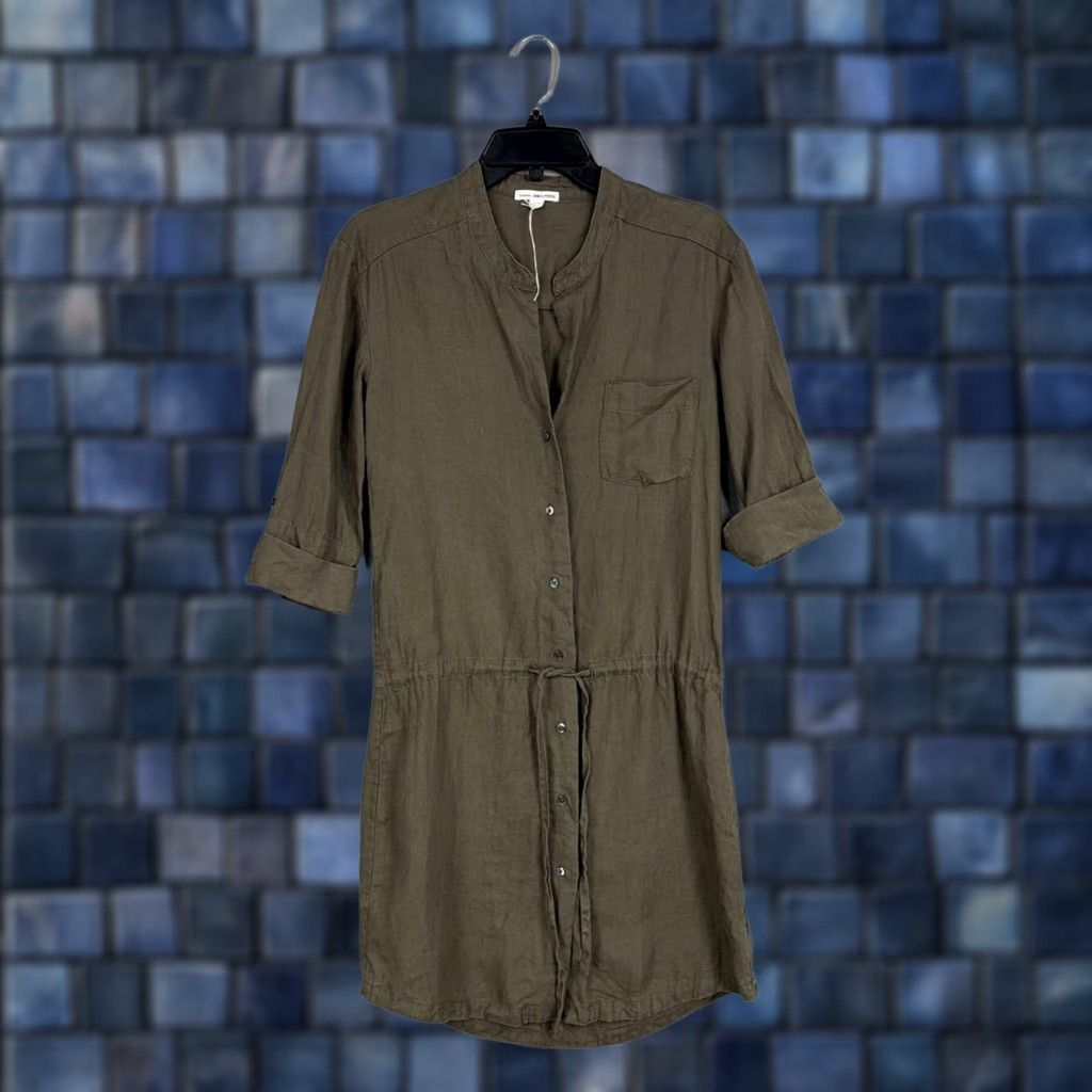James Perse VINTAGE James Perse Shirt Dress Womens S Green Linen Button Front Tunic 3/4 Sleeve Rounded Neck Pockets Lightweight Casual Size S / US 4 / IT 40 - 1 Thumbnail