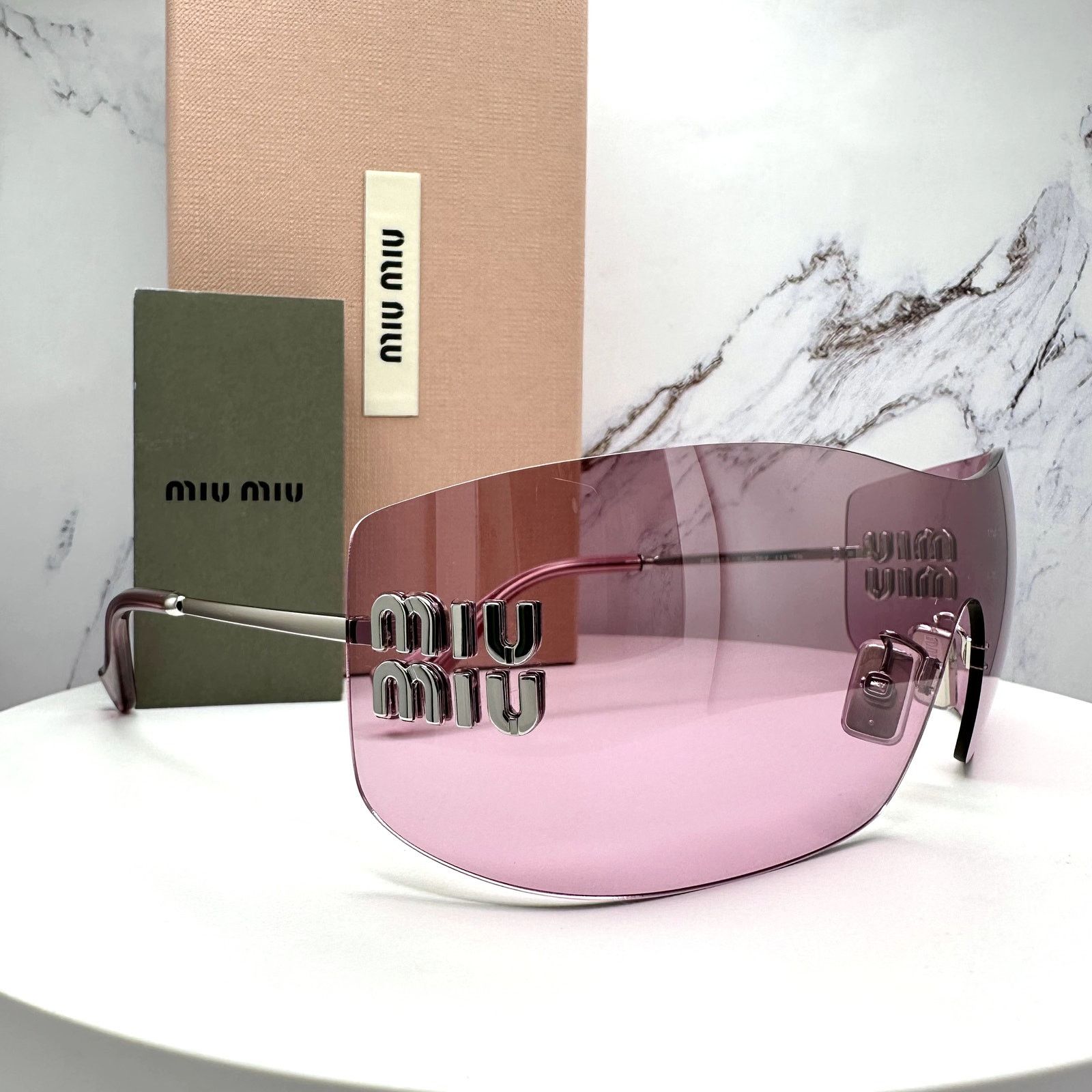 Miu Miu New MIU MIU Sunglasses Silver Pink Mirror Rimless Wrap Size ONE SIZE - 14 Thumbnail