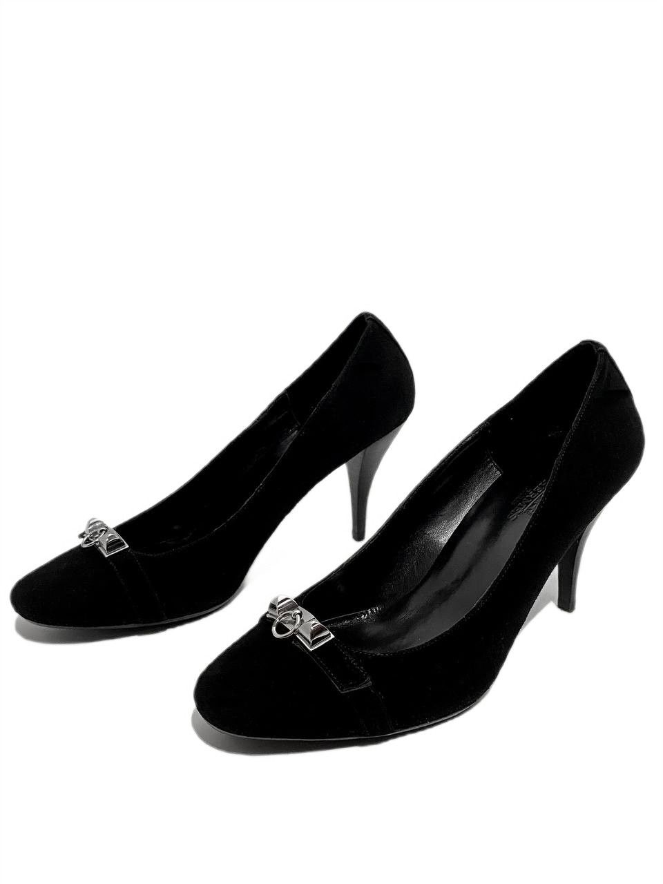 Hermes Hermes Collier Chien Black Suede Leather Silver Logo Heels Size US 7 / IT 37 - 1 Thumbnail