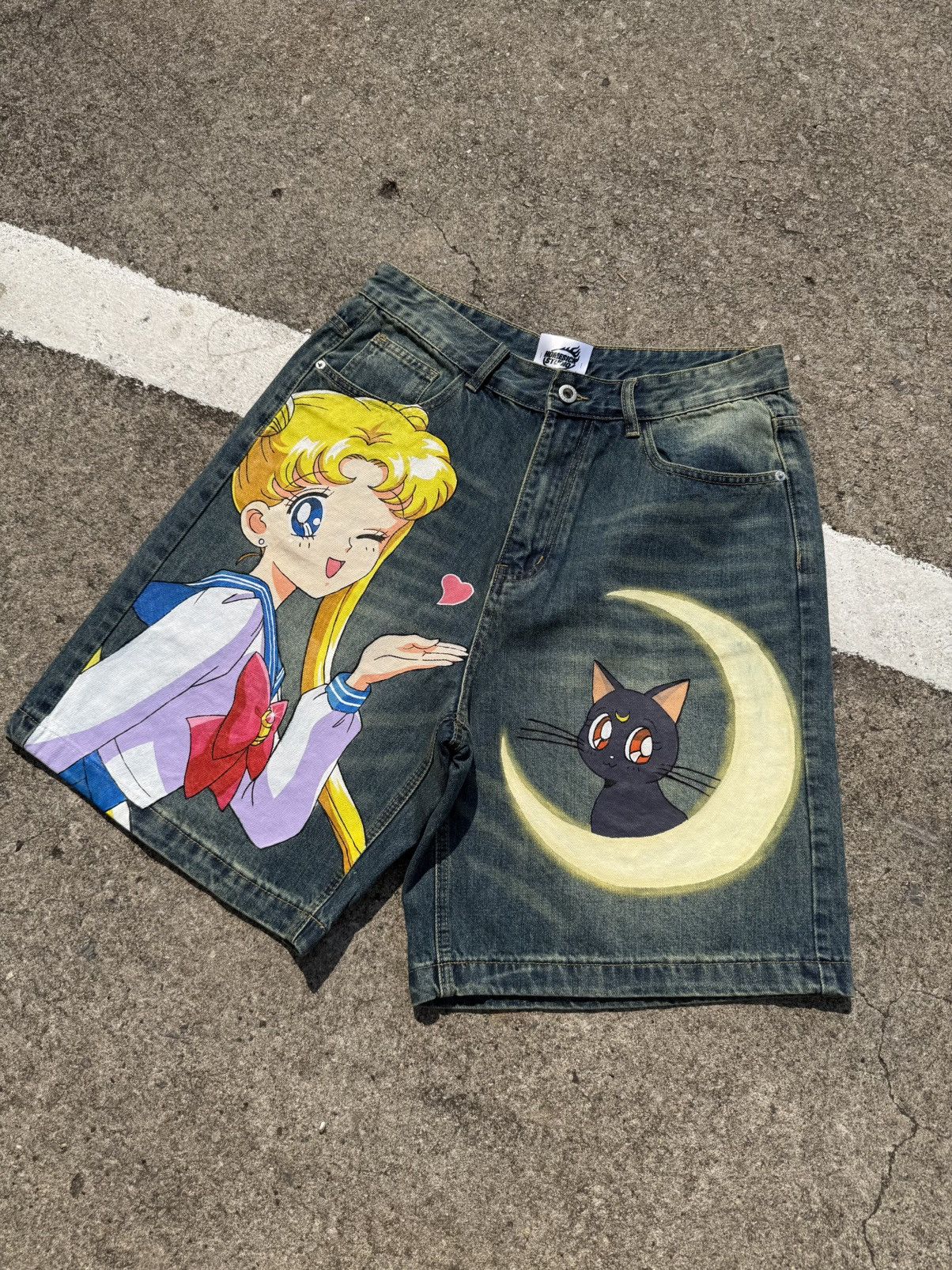 Anime Sailor moon hand painted denim shorts Size US 32 / EU 48 - 2 Thumbnail