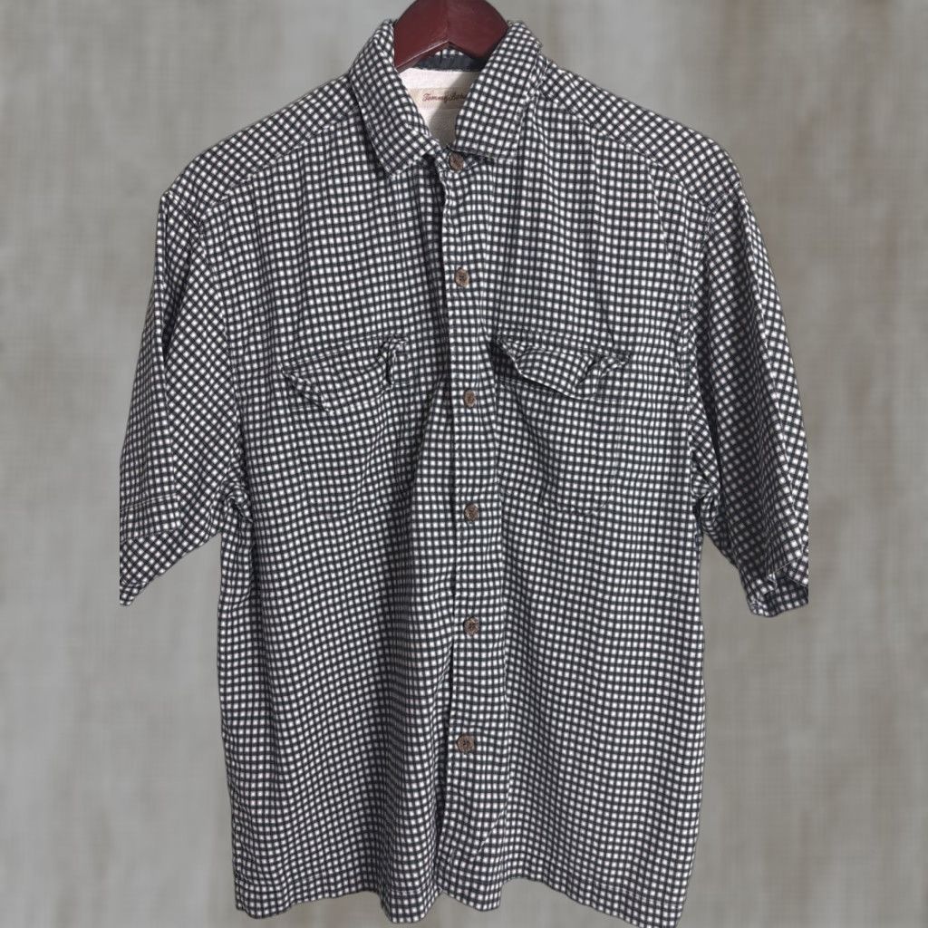 Tommy Bahama Shirt Mens Medium Blue & White 100% Silk Short Sleeve Button Up