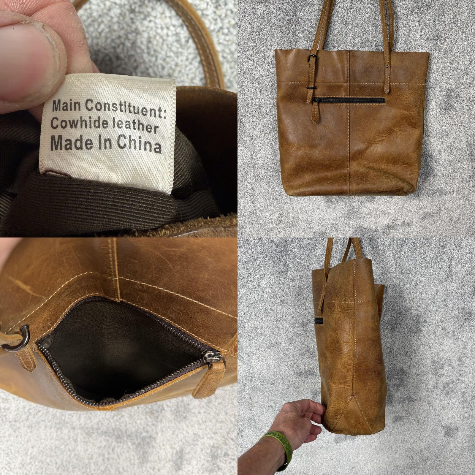 Vintage S-ZONE Distressed Leather Tote Bag Large Brown Zip Shoulder Bag Womens Size ONE SIZE - 9 Thumbnail