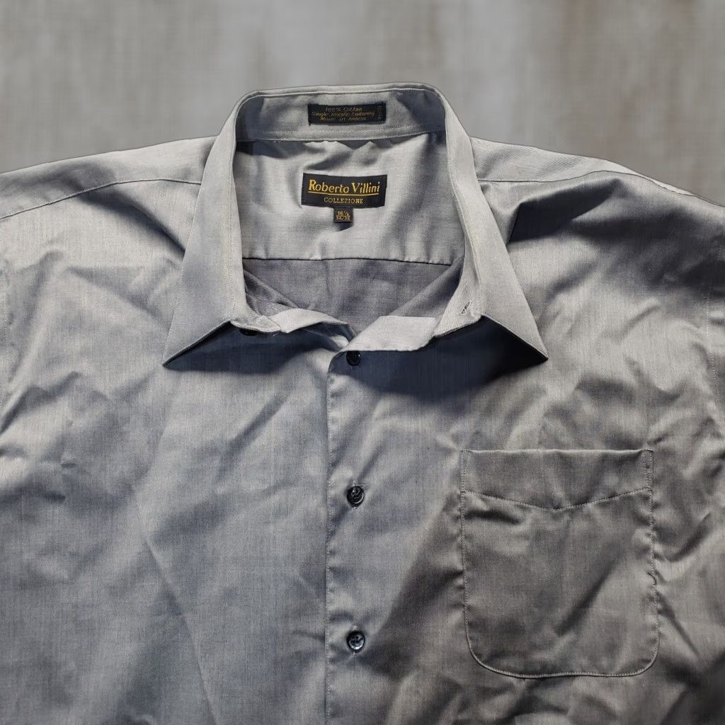 Vintage Roberto Villini Dress Shirt Solid Gray 100% Cotton Men 16.5 34 35 Shirt) Size 46R - 1 Thumbnail
